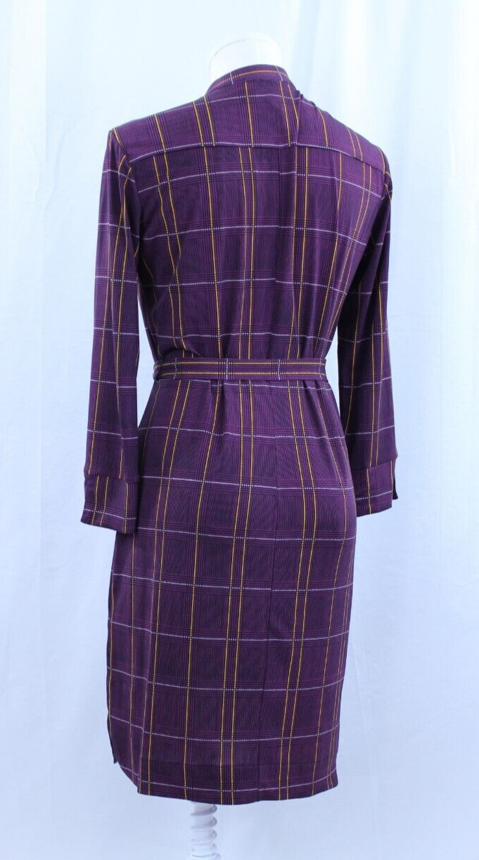 Donna Morgan Dress Purple Yellow Plaid Chest Pockets Waist Tie Buttons Sz 4