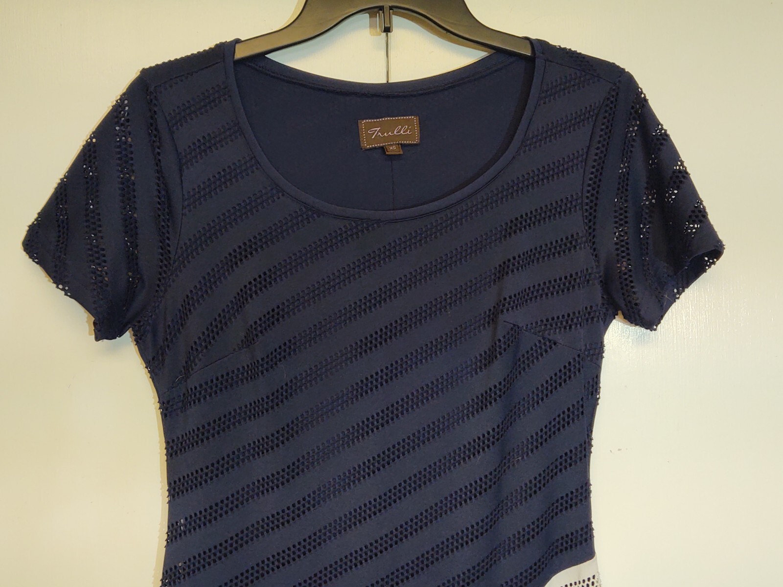 TRULLI Maxi Dress Navy White Size Small Diagonal Stripe Lined Pointelle