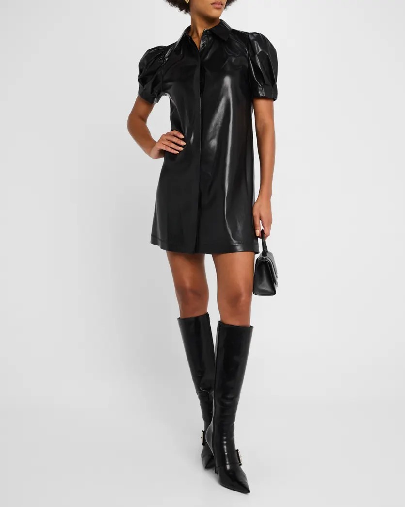 ALICE + OLIVIA JEM VEGAN LEATHER PUFF SLEEVE DRESS BLACK SIZE M
