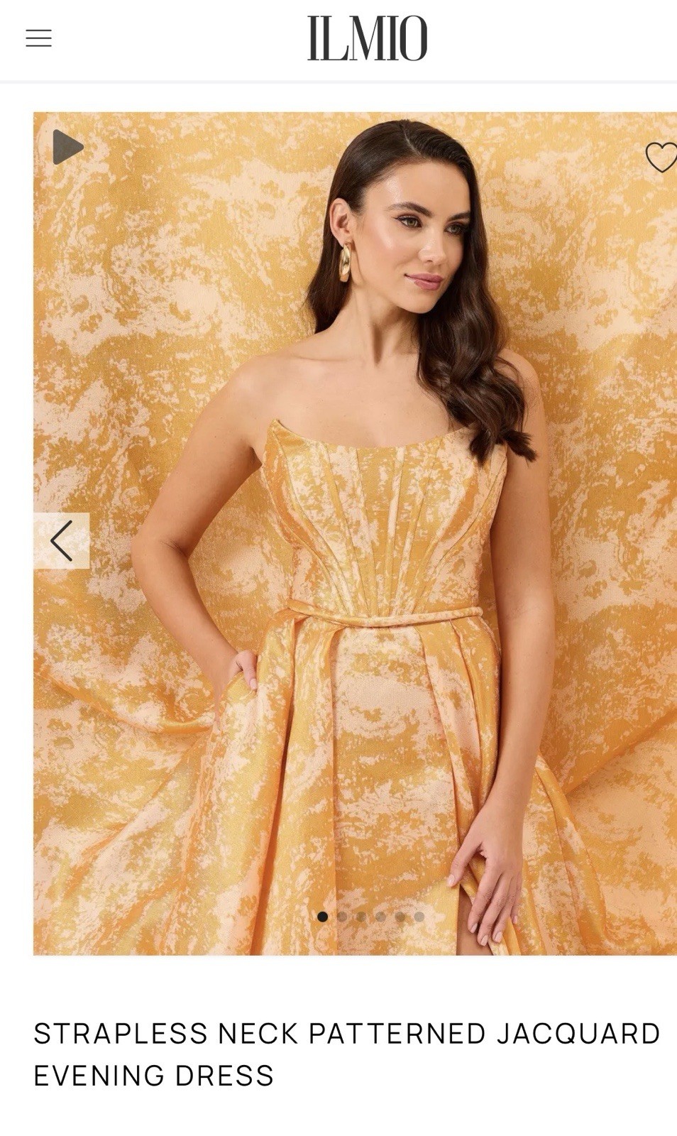 ILMIO Gold Abstract Jacquard Strapless Long Gown w/ Belt Pockets Pleated Size 4
