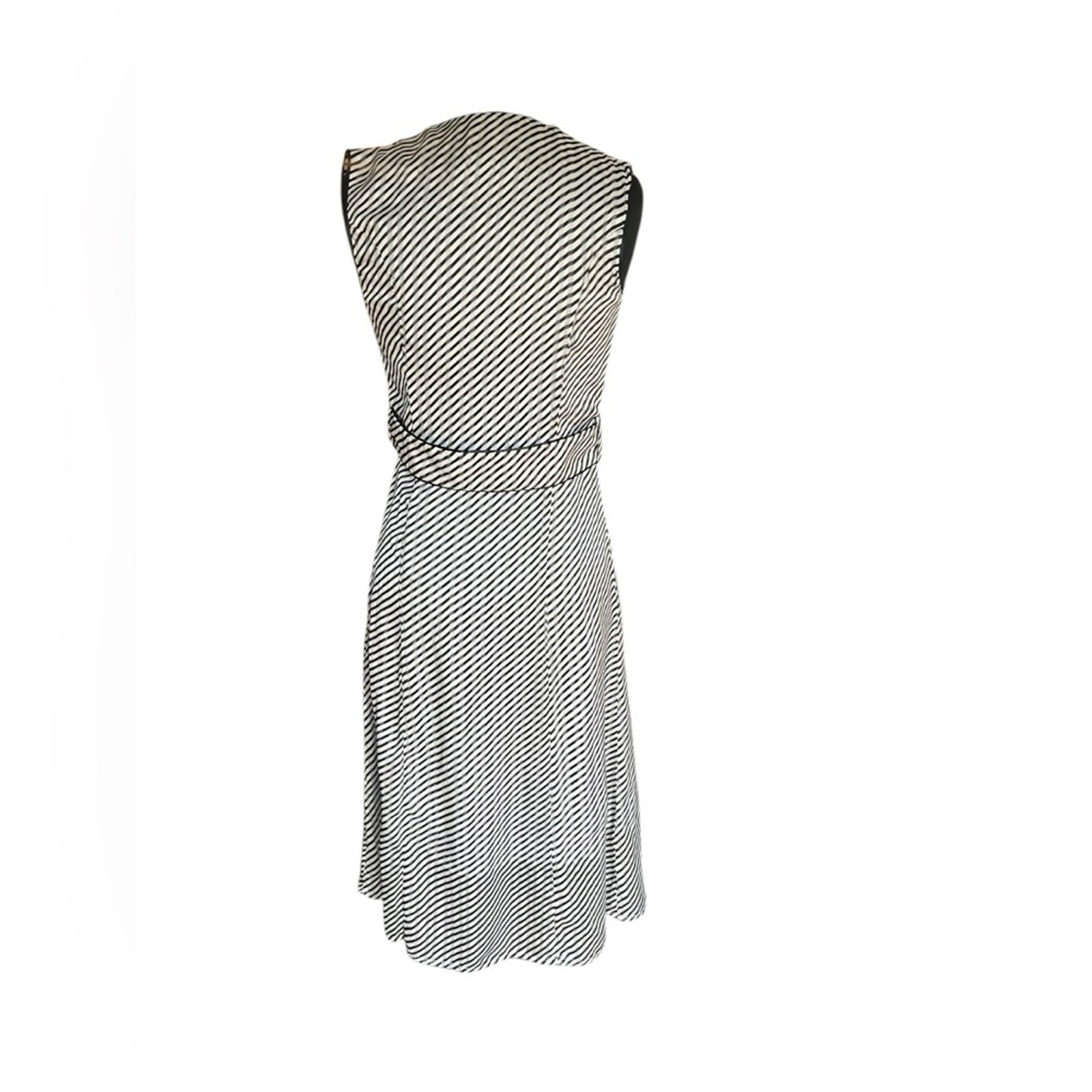 Deborah Lyons Ashley Midi Dress 2 Black Striped Crepe Luxury Old Money Ladylike