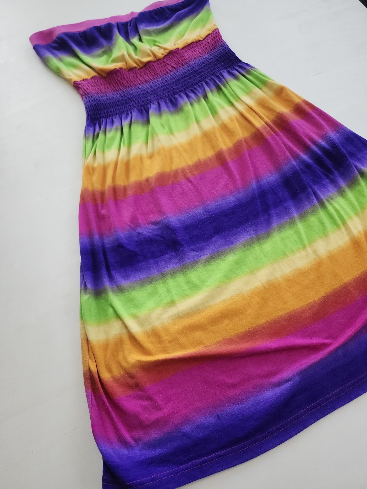 Chesley Strapless Rainbow Dress S Smocked Waist Stretch Tube Beach Cover Up