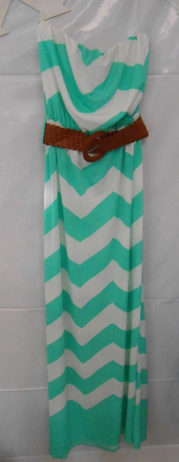 NEW Cute Strapless Green White Cheveron Sun Dress with Belt Small Medium Maxi!