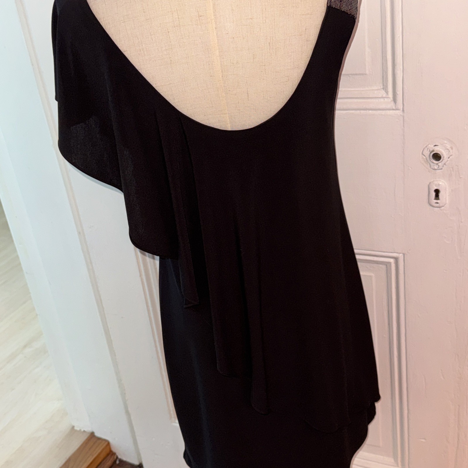 Betsy & Adam Black One Shoulder Sequin Strap Asymmetrical Ruffle Dress 6P USA