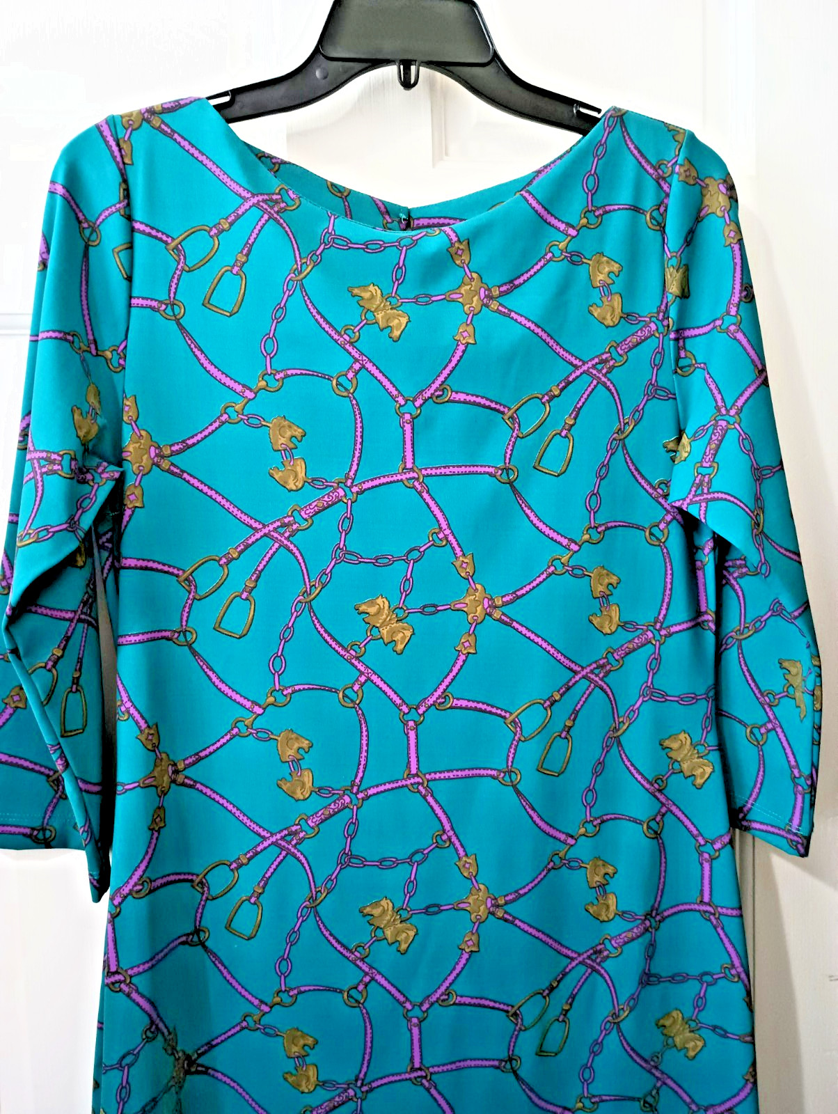 Britt by Britt Ryan Equestrian Shift Dress Horse Bit & Bridle Print Aqua Small