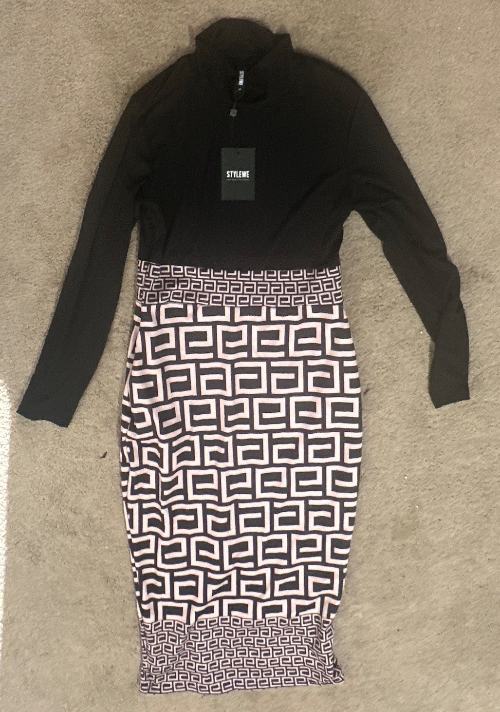 STYLEWE Women’s Bodycon Midi Dress High Neck Half Zip Geometric Black/Pink S