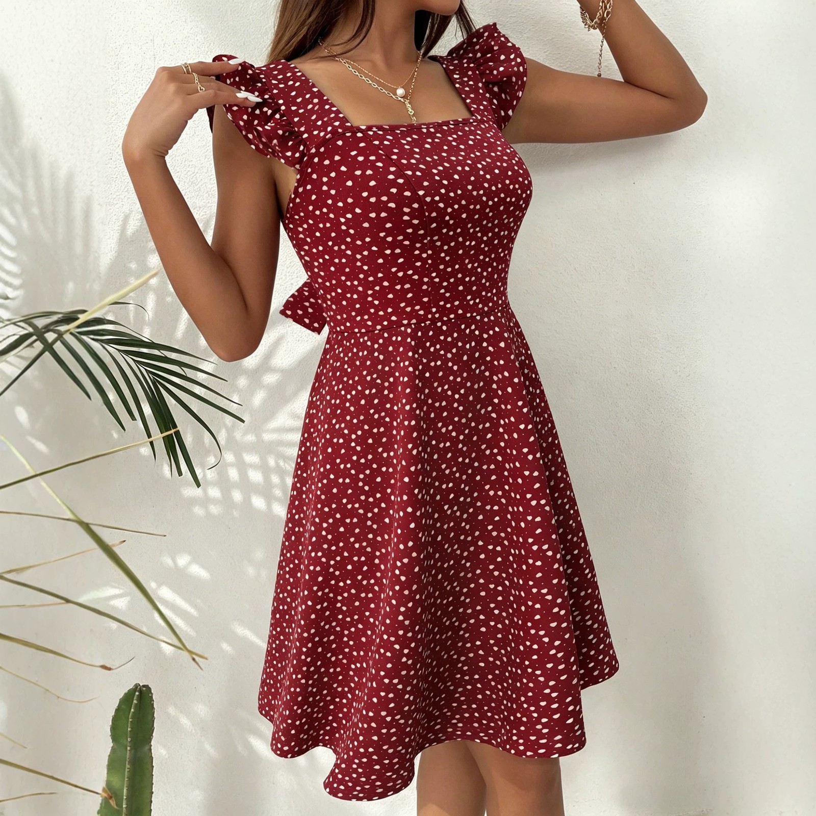 2026 Summer Pure Cotton Square Neck Sleeveless A-Line Dress with Backless
