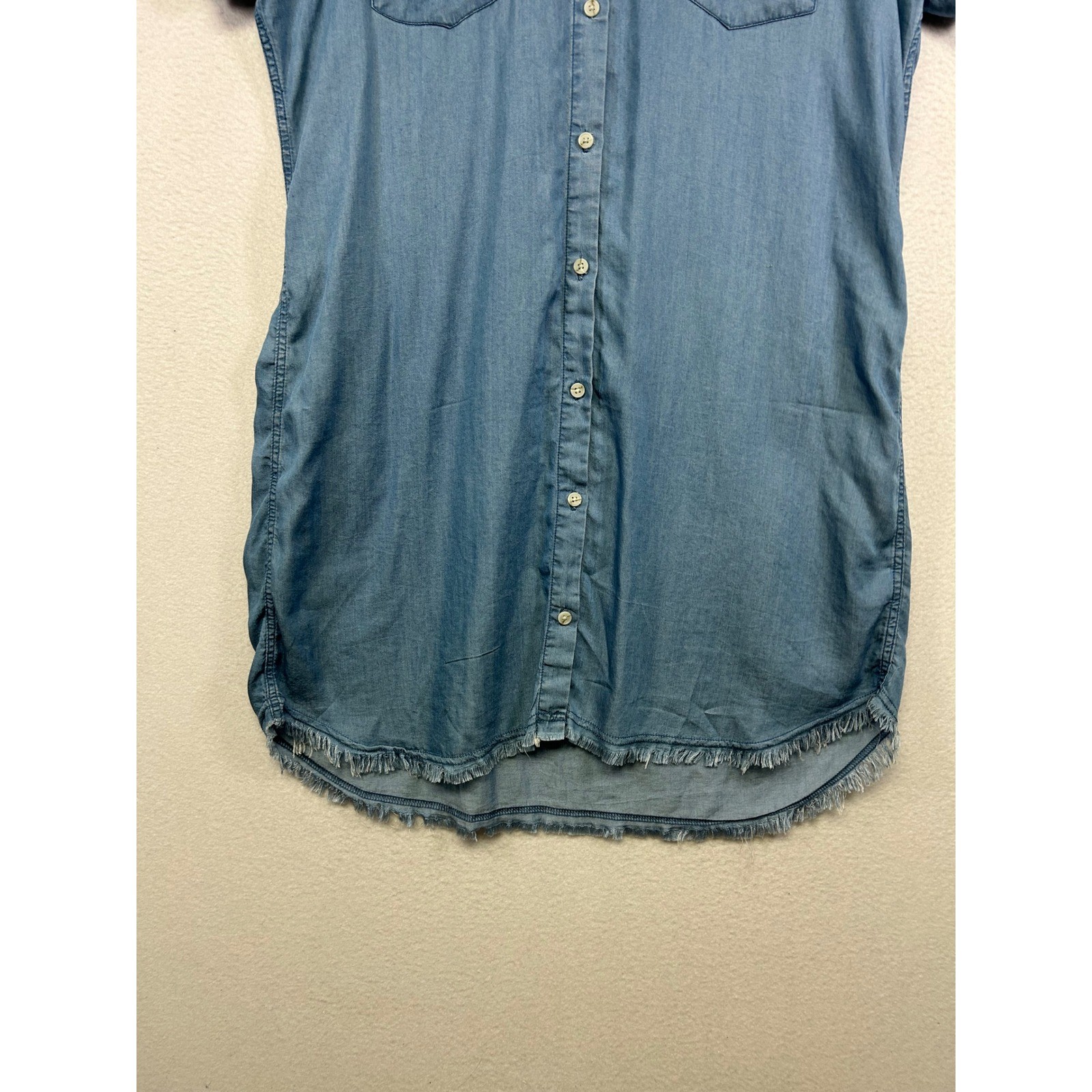 Boho Coastal Thread & Supply Womens Large Blue Lyocell Fringe Hem Shirt Dress