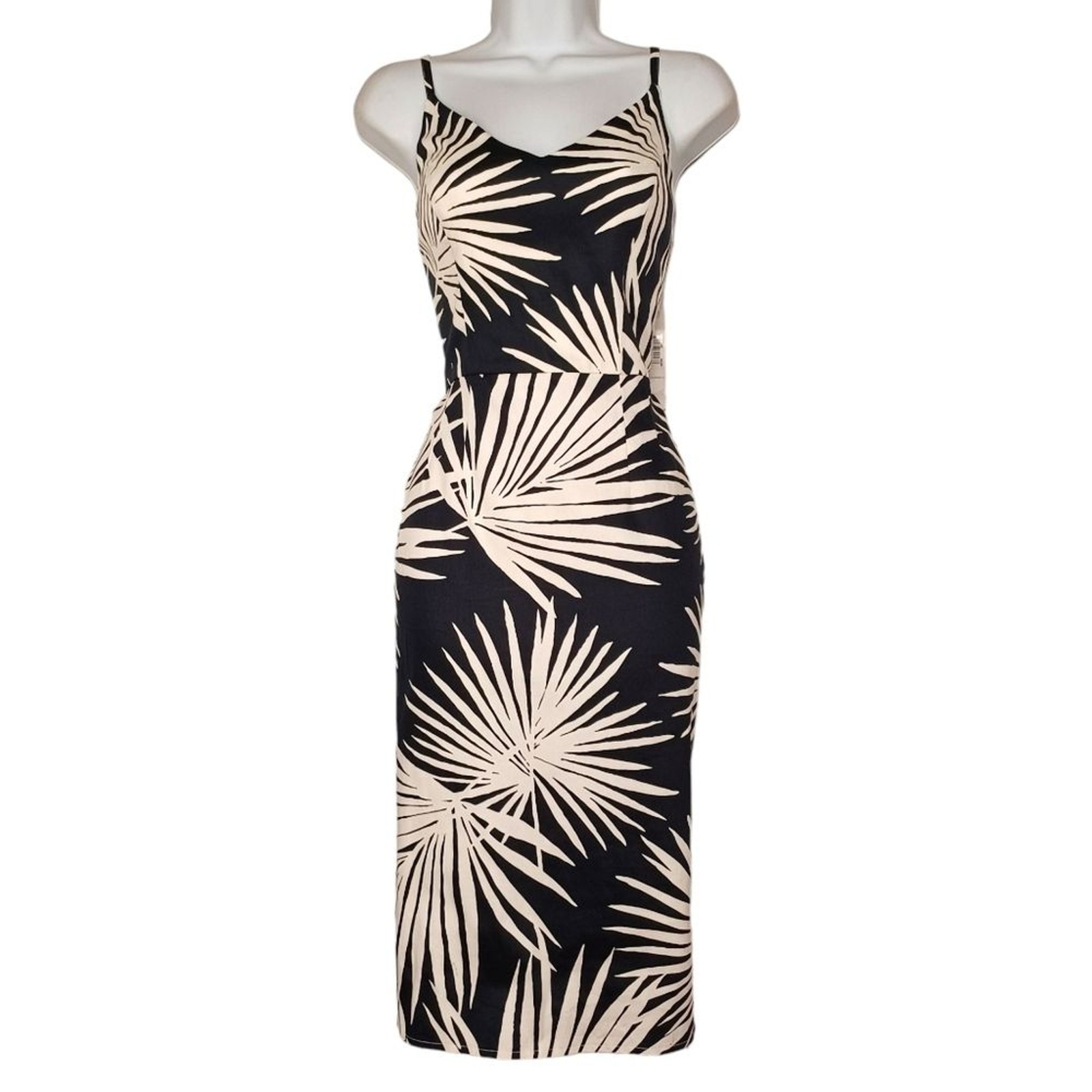 MAGGY LONDON Black White Tropical Leaf Print Sleeveless Sheath Midi Dress 8 M