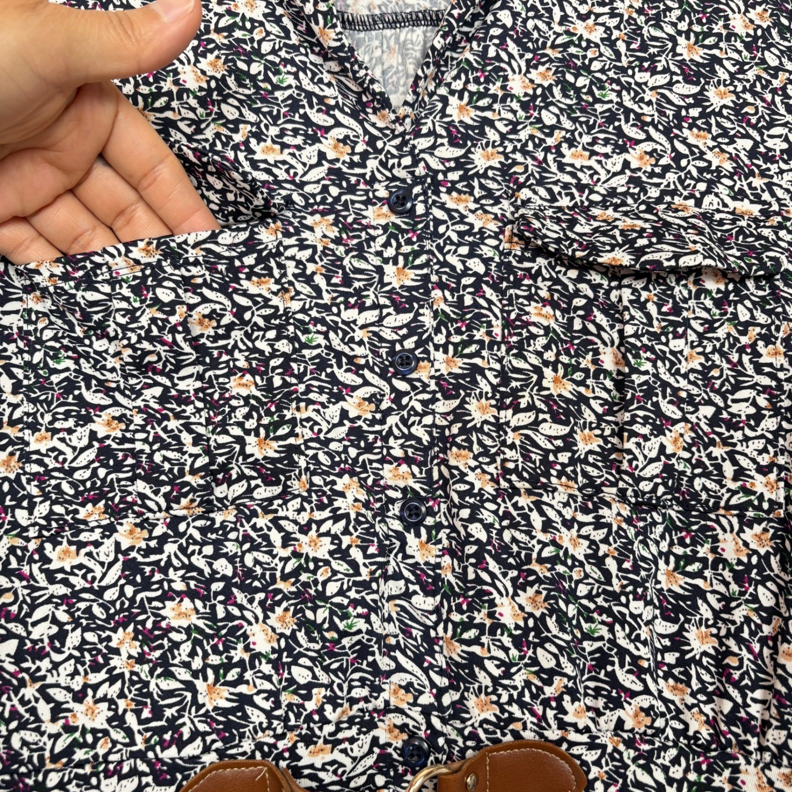 Indigo Rose Women Button Front Floral Dress L Navy Buckle Modest Office Church