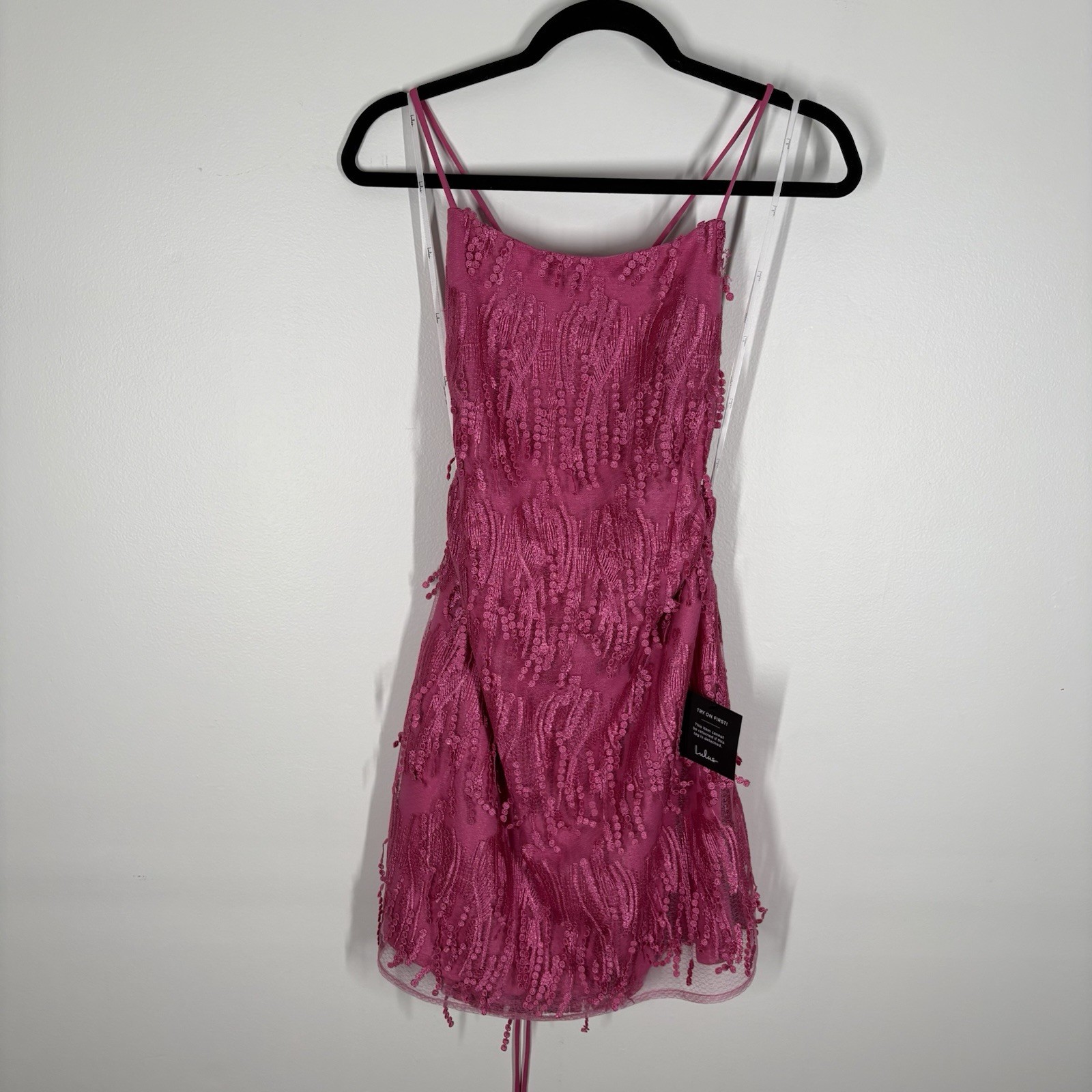 Lulus Women XL Making Magic Bright Pink Fringe Lace-Up Mini Dress NWT
