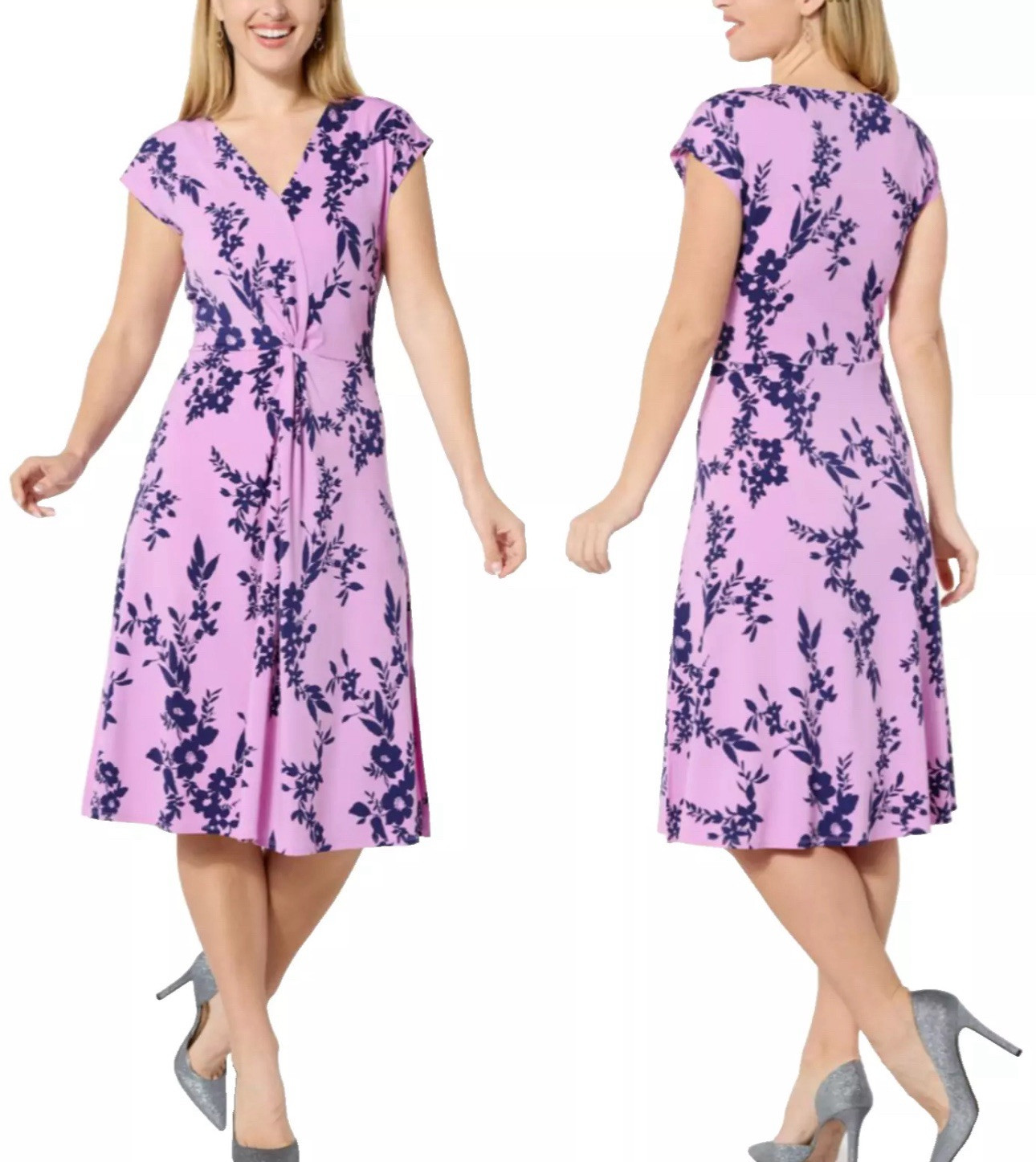 NEW IMAN Global Chic Twist-Front Midi Dress Pink Purple Floral Womens Size L