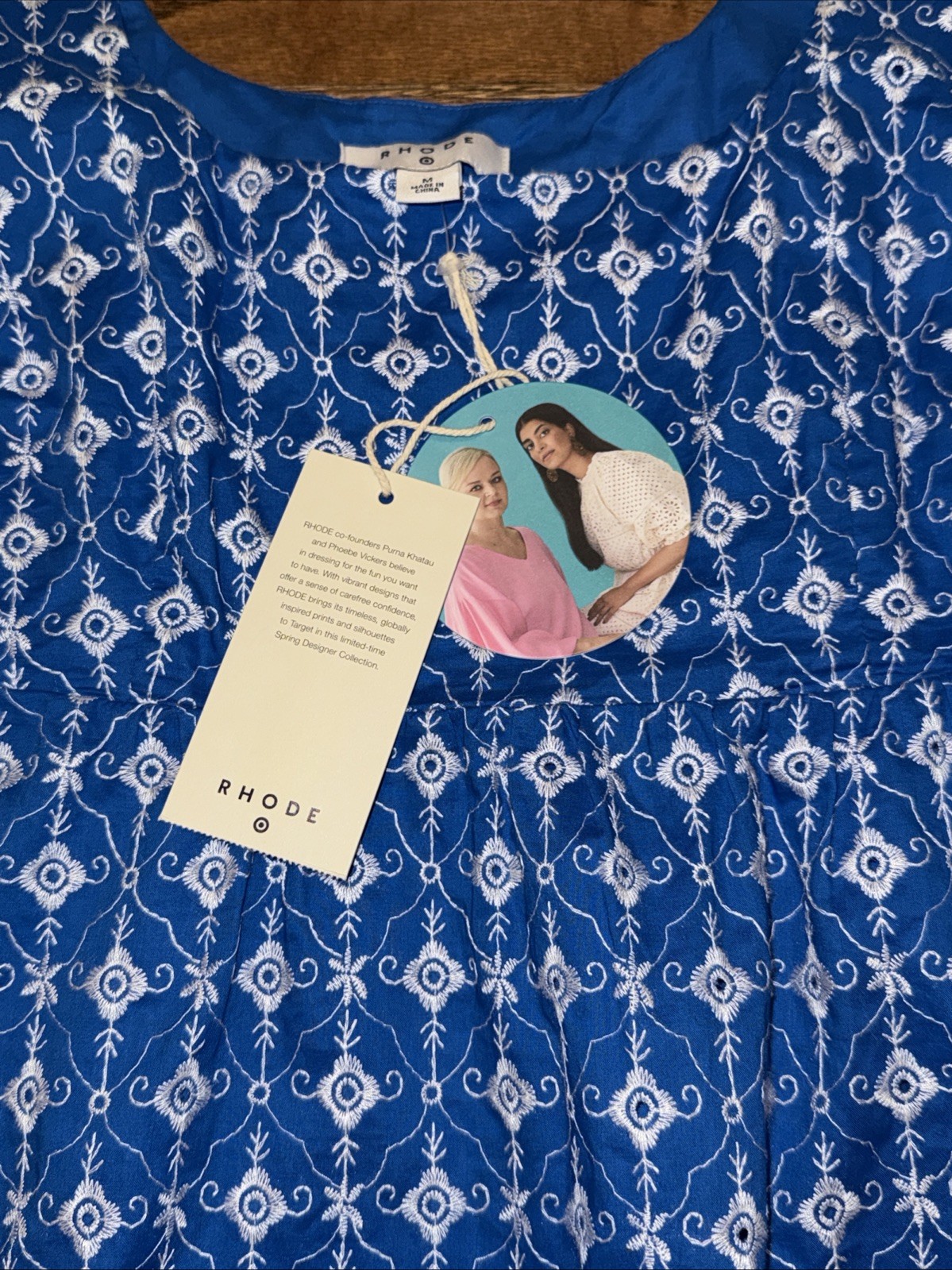 RHODE Womens Eyelet Embroidered Puff Sleeve Dress M Pockets Mini Blue NWT