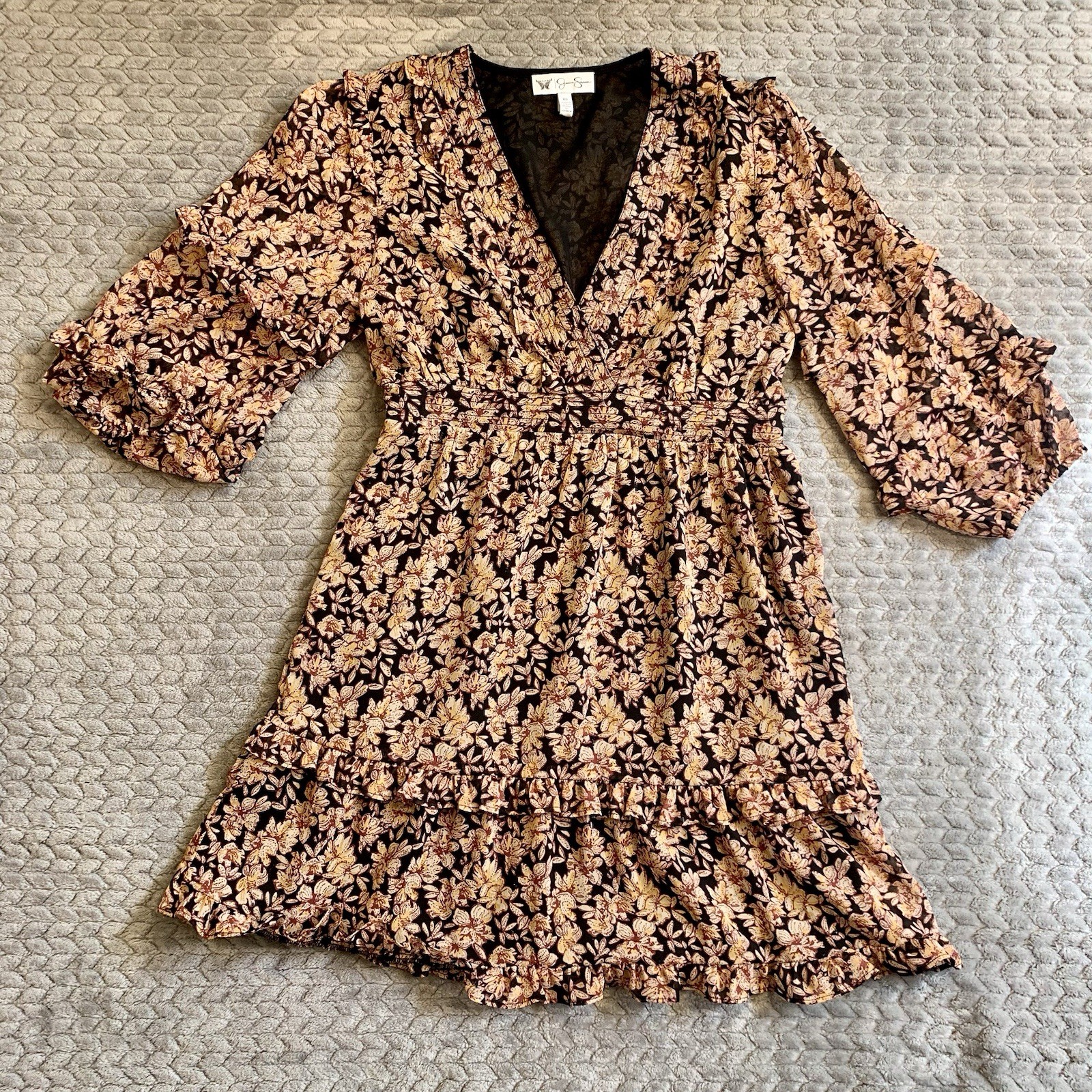 Jessica Simpson Floral Shift Dress Ruffles Sz XS Black, Gold, Brown