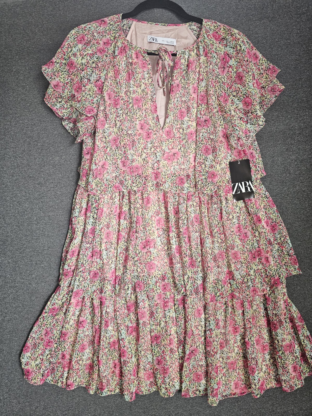 ZARA Pink Green Beige Floral A-Line Mini Dress V-Neck Ruffle Tie Short S