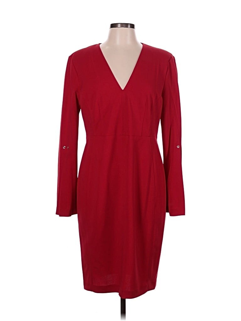 TOMMY HILFIGER RED SHEATH DRESS Women’s 12 Long Bell Sleeves V-Neck Knee Length