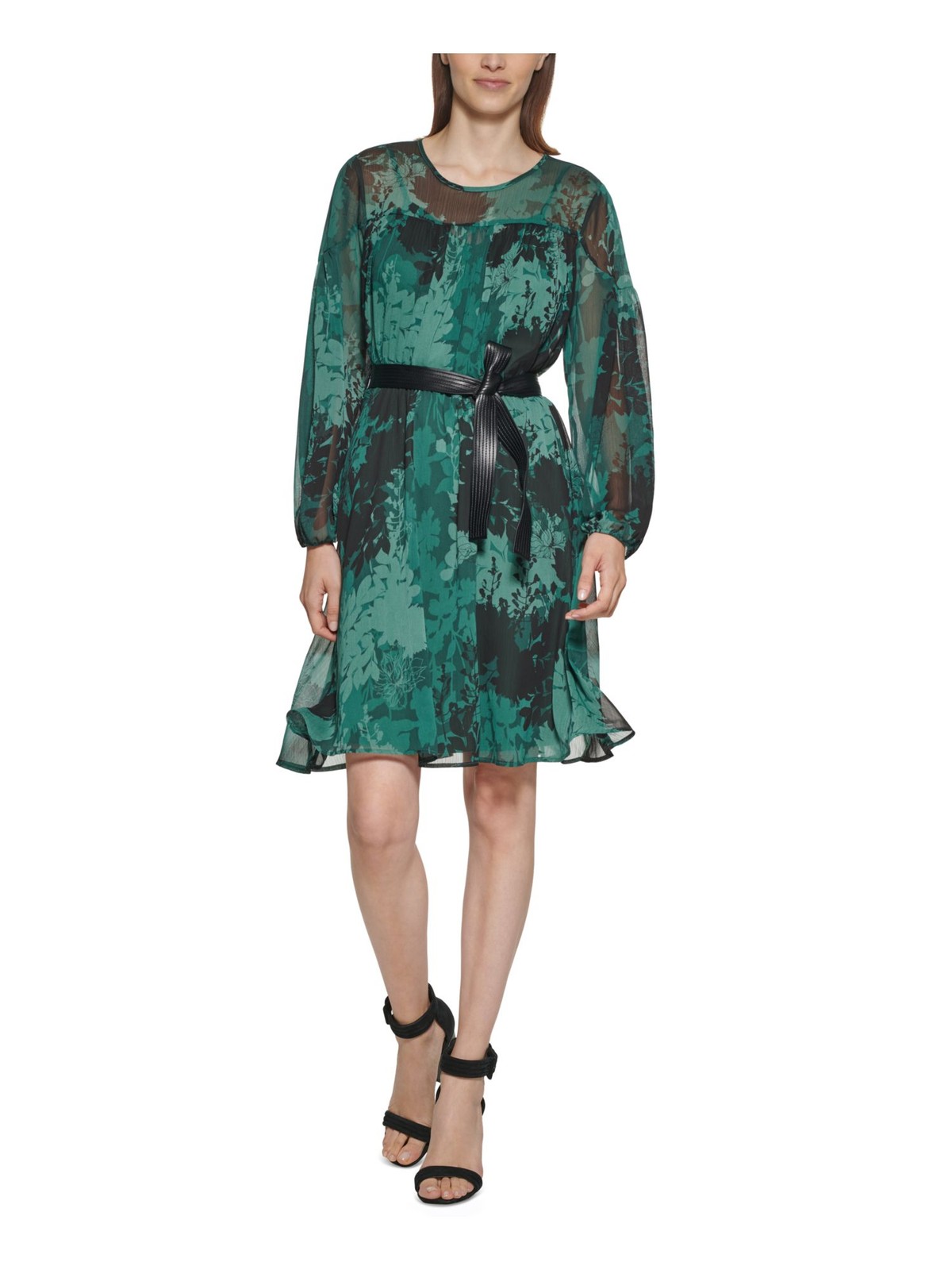 CALVIN KLEIN Womens Green Belted Lined Long Sleeve Shift Dress Petites 10P