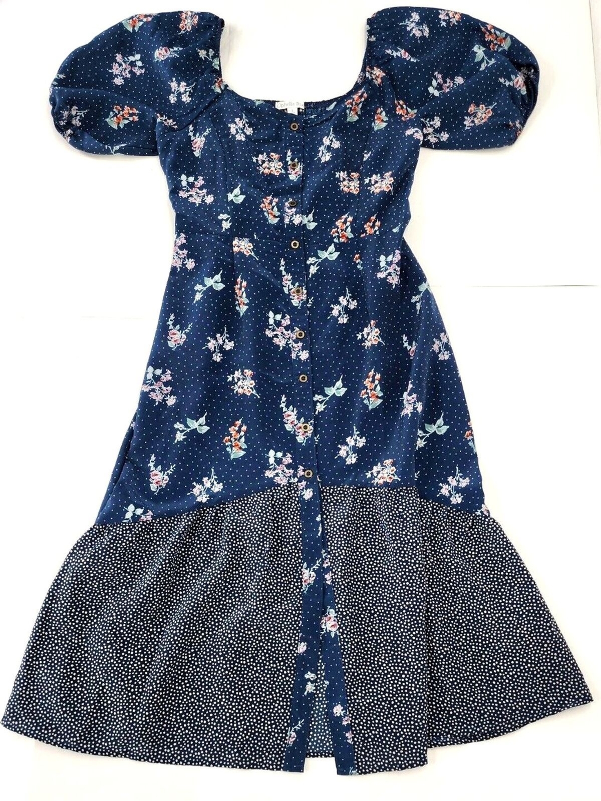 Ophelia Roe Midi Dress, Poof Sleeve Floral Button Down Square Neck Boho Dress, S