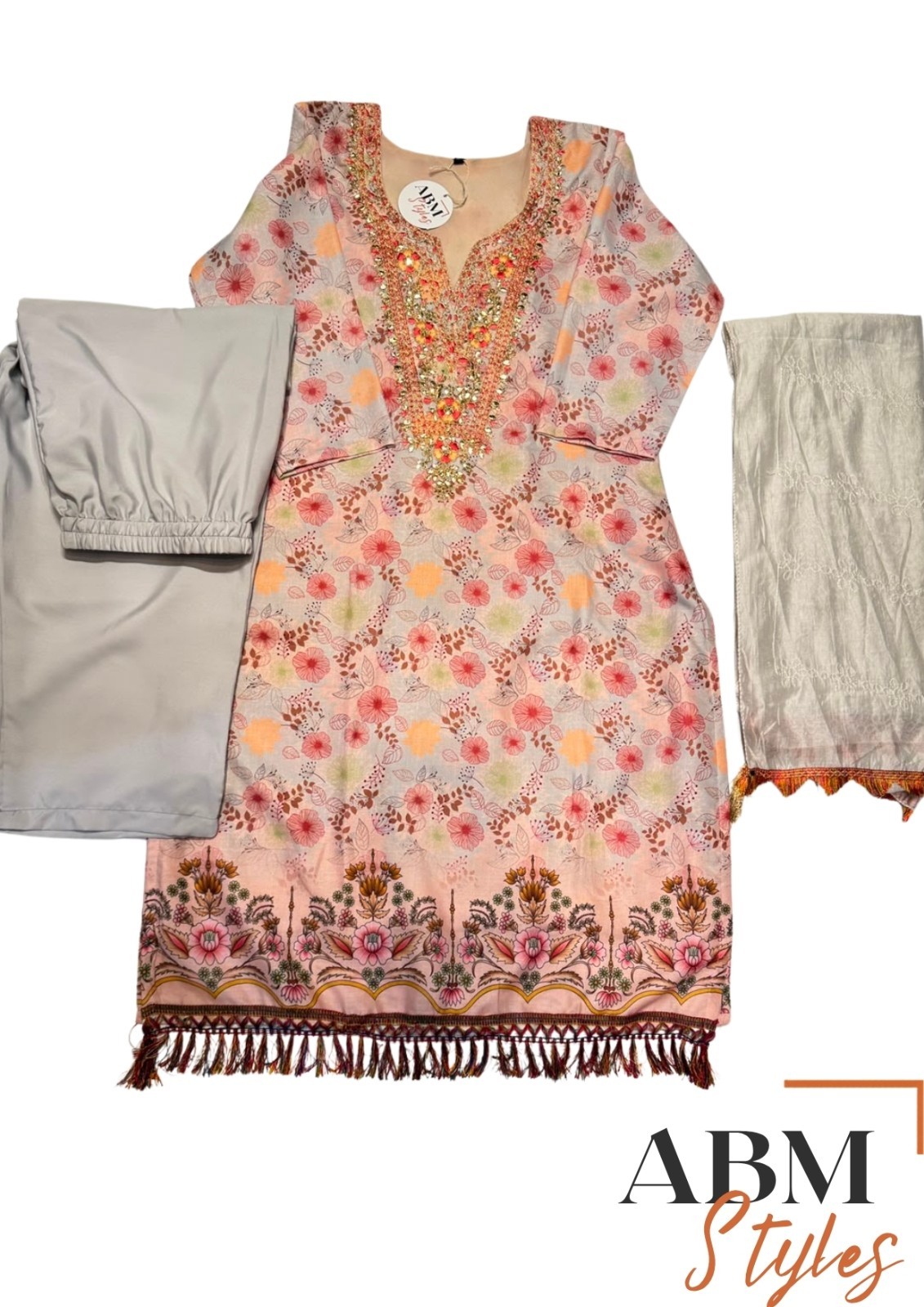 Grey Embroidered Blended Straight Kurta Set