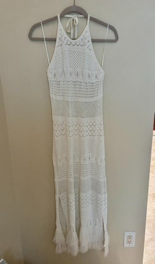 Milly Cabana White Crochet Halter Backless Maxi Dress with Fringe – sz L