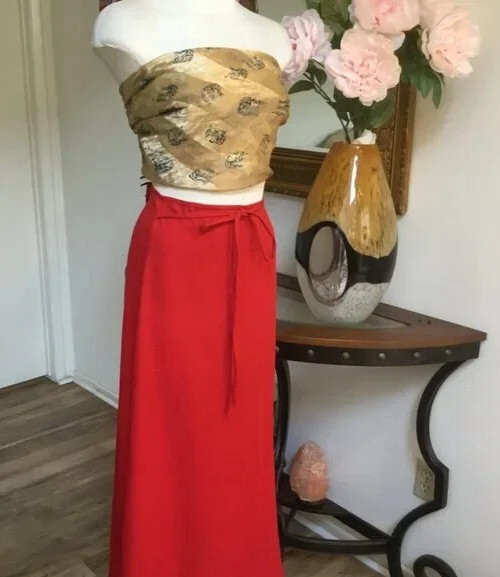 UNBRANDED Solid Long Maxi Skirt A- Line High Waisted Tie Casual Bright Red S