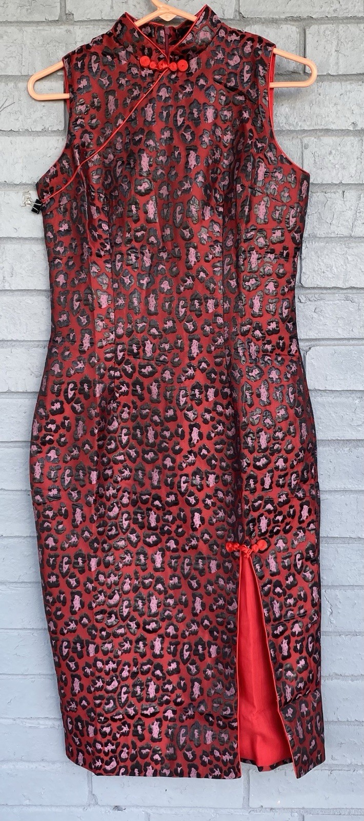 00s Size L Metallic Leopard Animal Print Y2K Mandarin Cheongsam Qipao Red Black