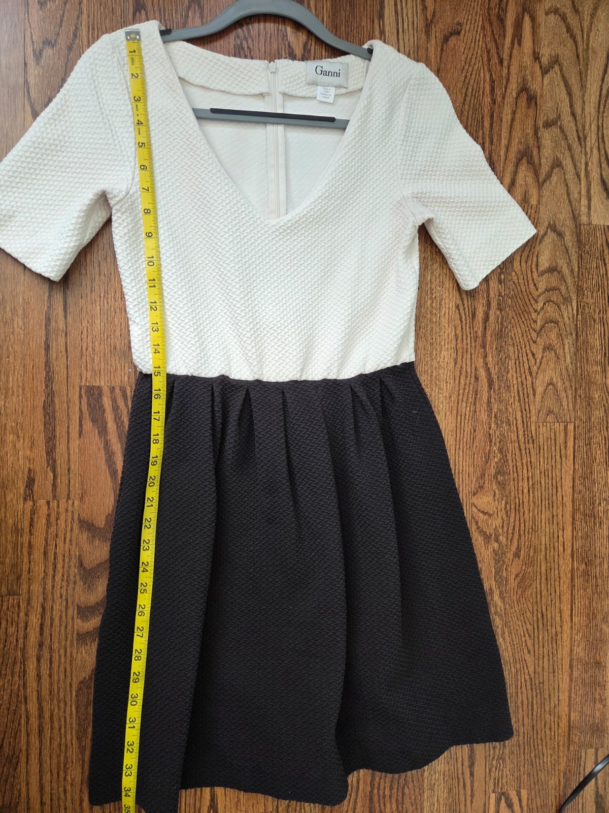 Ganni Ivory Black Textured Fit & Flare Mini Dress V-Neck Short Sleeve
