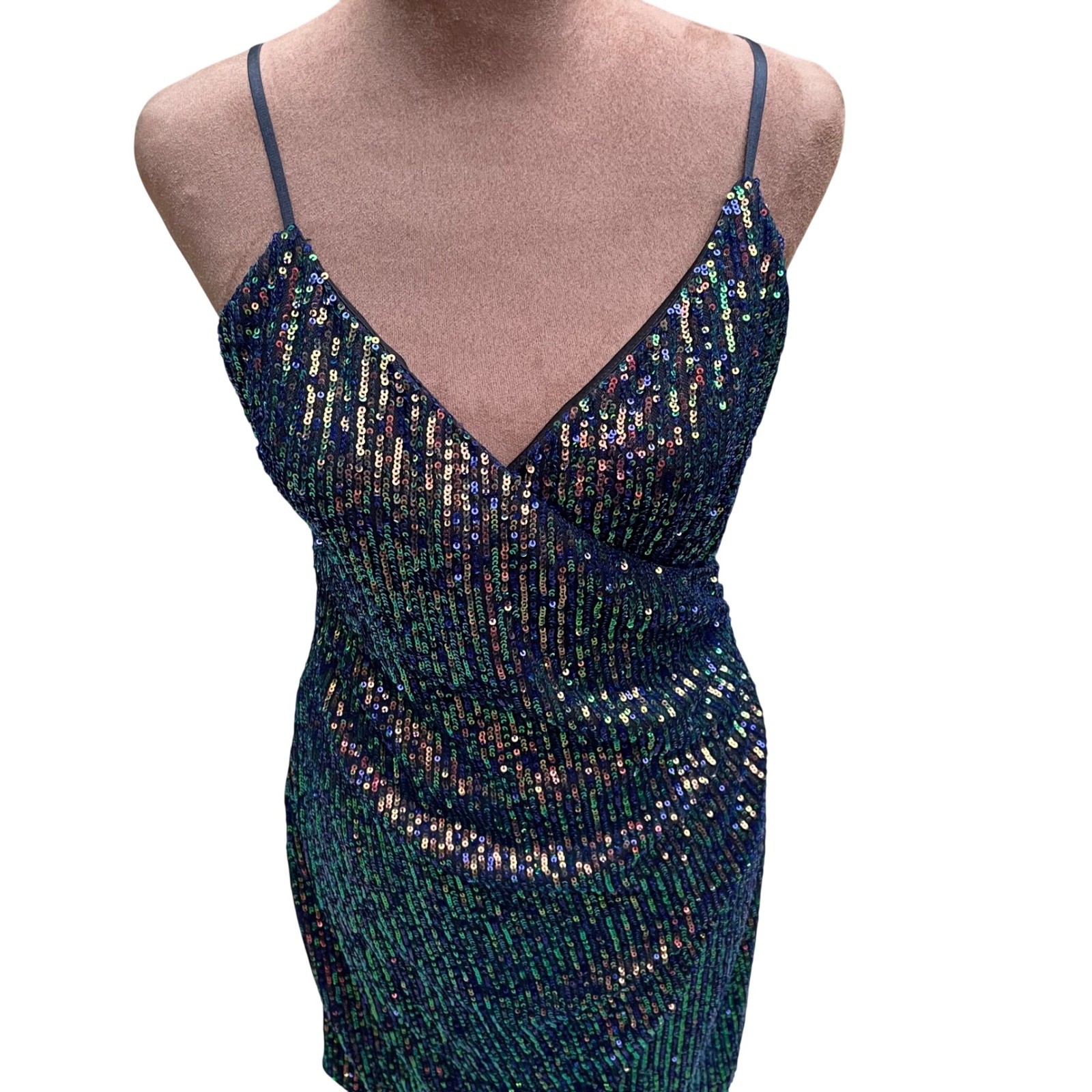 City Triangles Sequin Wrap Mini Dress Size 11 Iridescent Peacock Blue Green Y2K