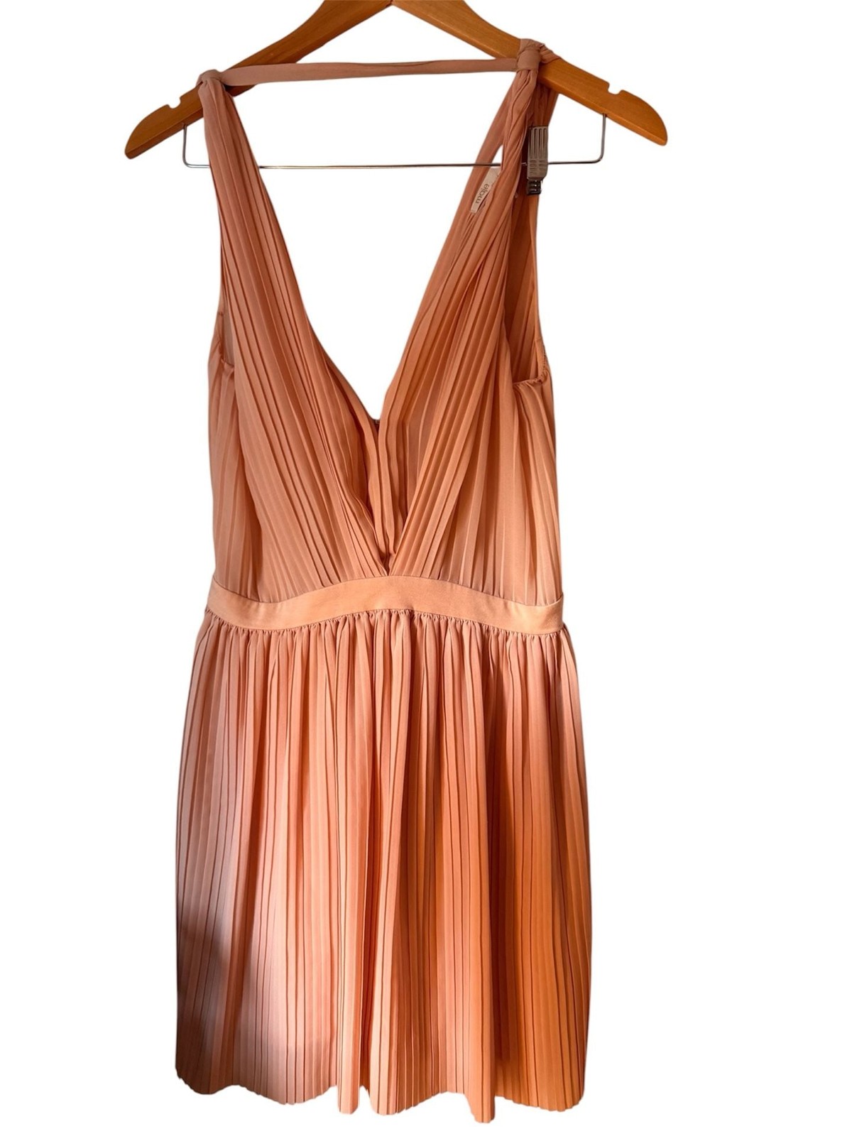 Maje Peach Pleated V-Neck Sleeveless Midi Dress