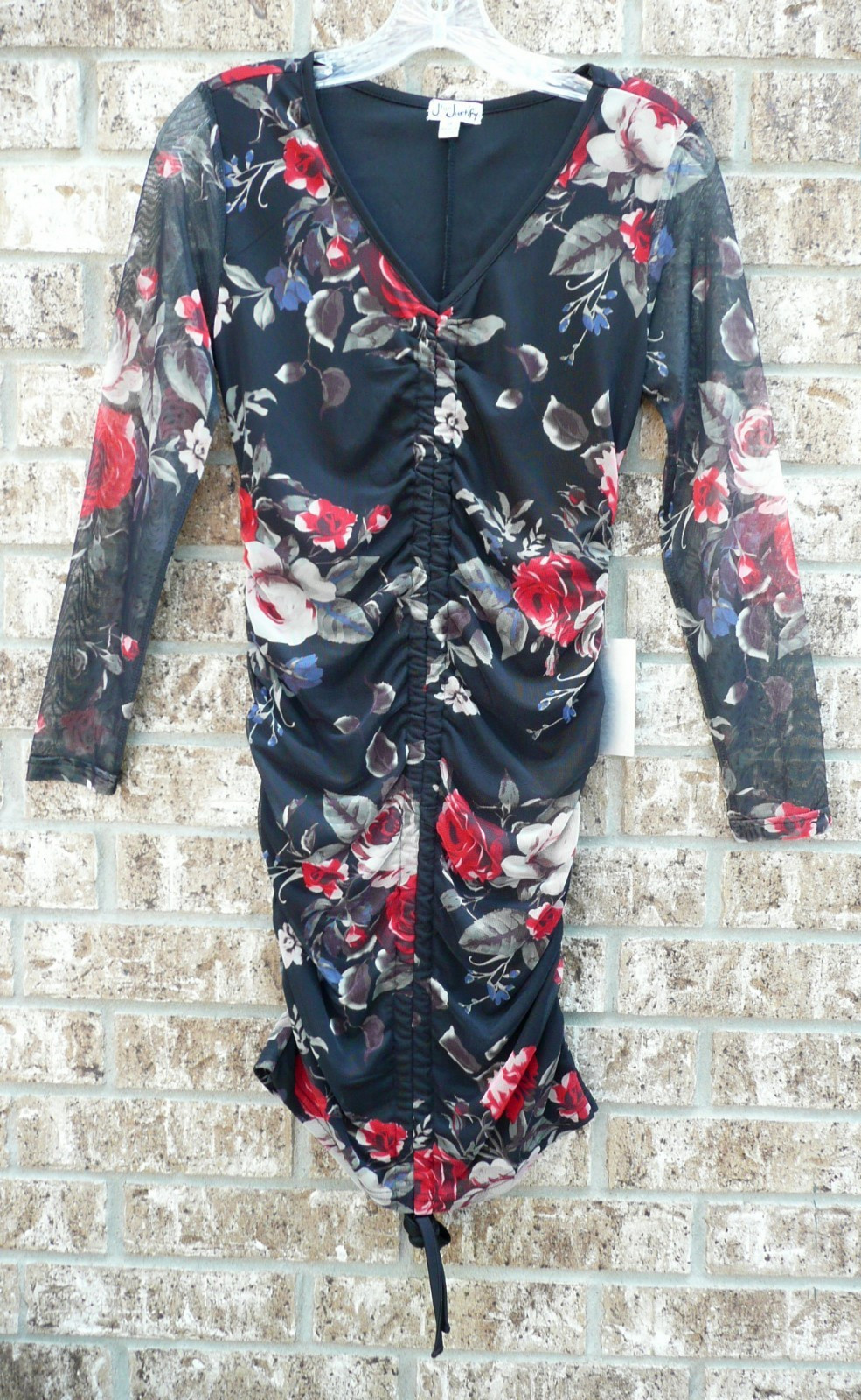 J for Justify Dress Size M Hem Tie Ruched Bodycon Black Floral Roses Long Sleeve