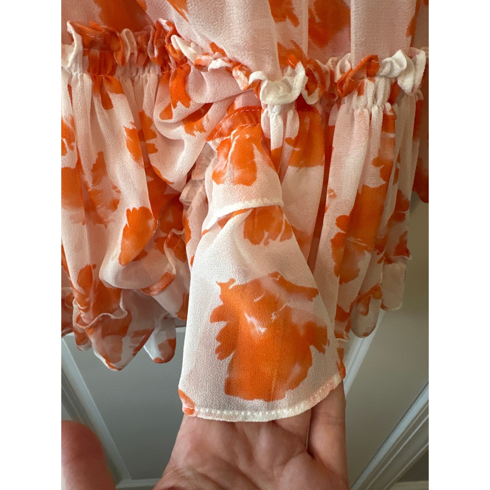 MISA Los Angeles Lorena Orange Floral Ruffle Mini Dress Long Sleeve XS