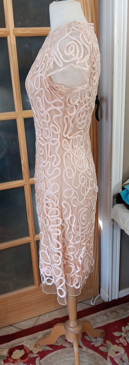 Cinderella Divine Cocktail Dress Ribbons Sequins Beads Overlay Peach Knee NWoT