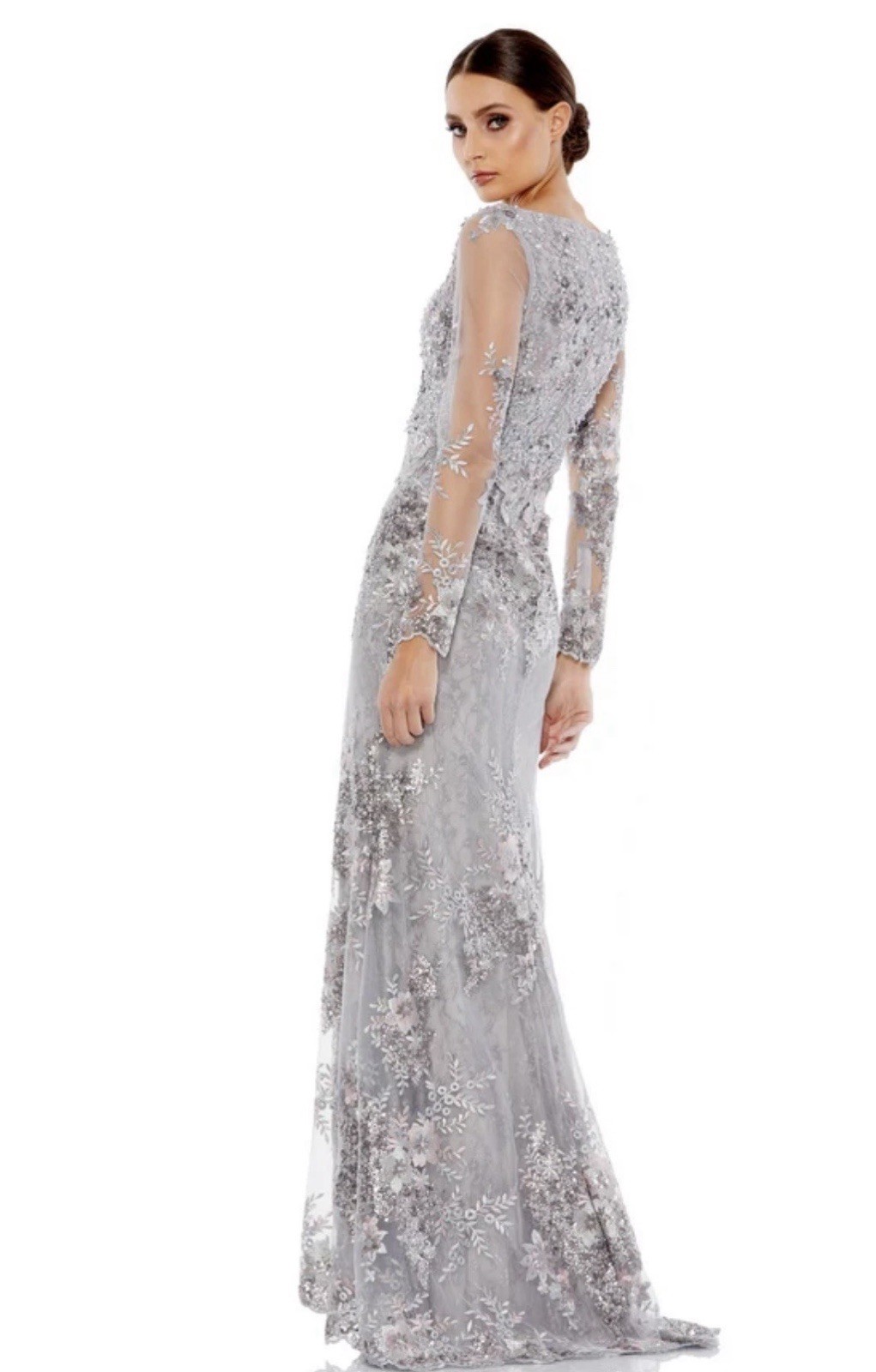 Mac Duggal 67539 Sz 12 Platinum Gray Floral Embroidered Embellished Gown $698