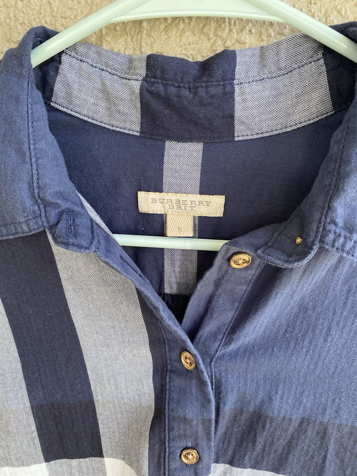 BURBERRY BRIT DESIGNER BLUE/WHITE/GRAY MULTI NOVA COTTON Long Sleeve Shirt Dress