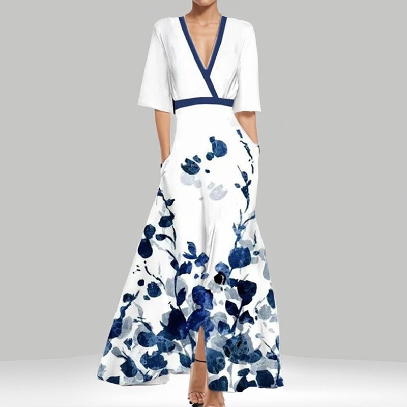 Women’s fashion elegant temperament V-neck printed lace-up skirt dress