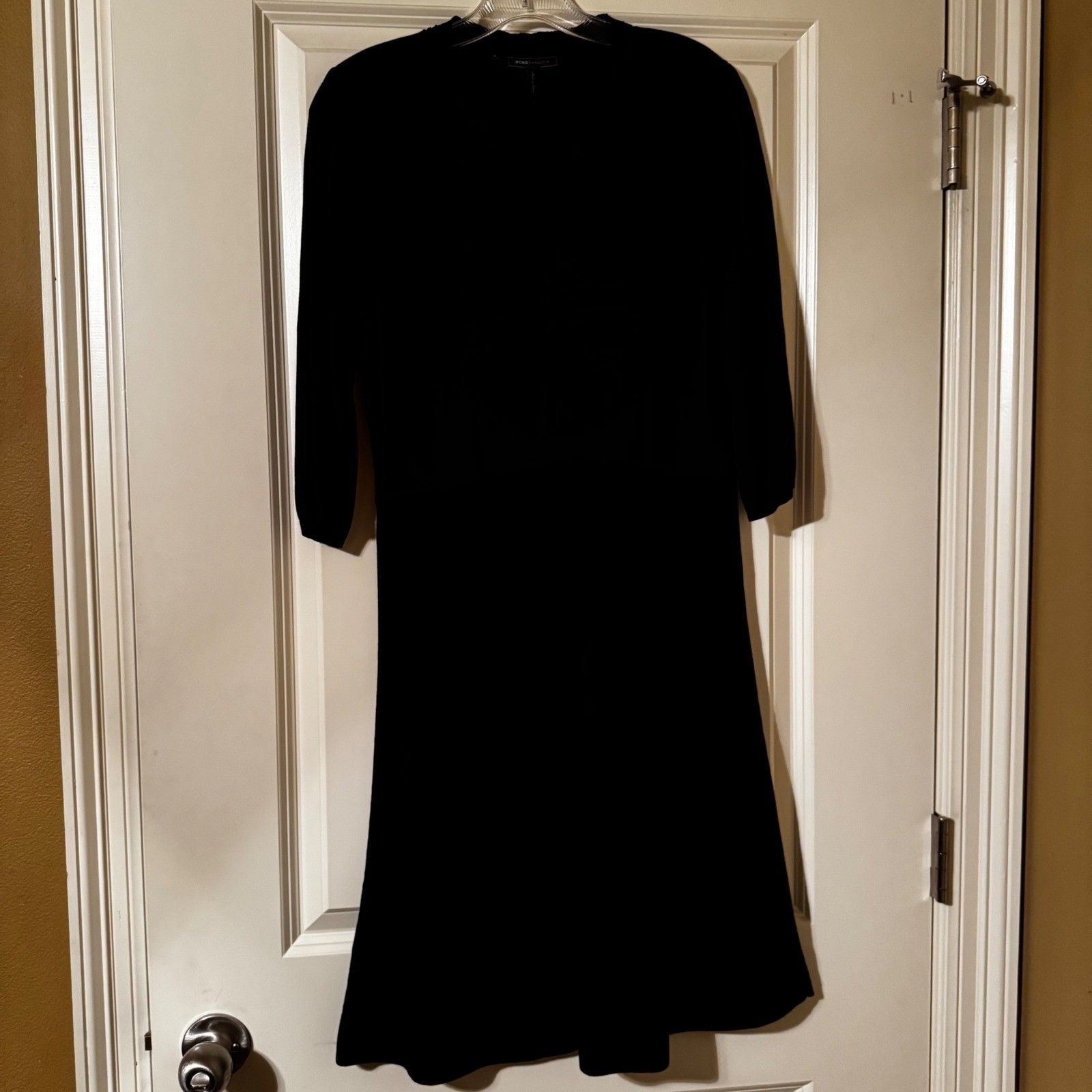 BCBGMAXAZRIA Navy Blue Black Silk Blend Ruffle Bib Knit Dress Large RN80734