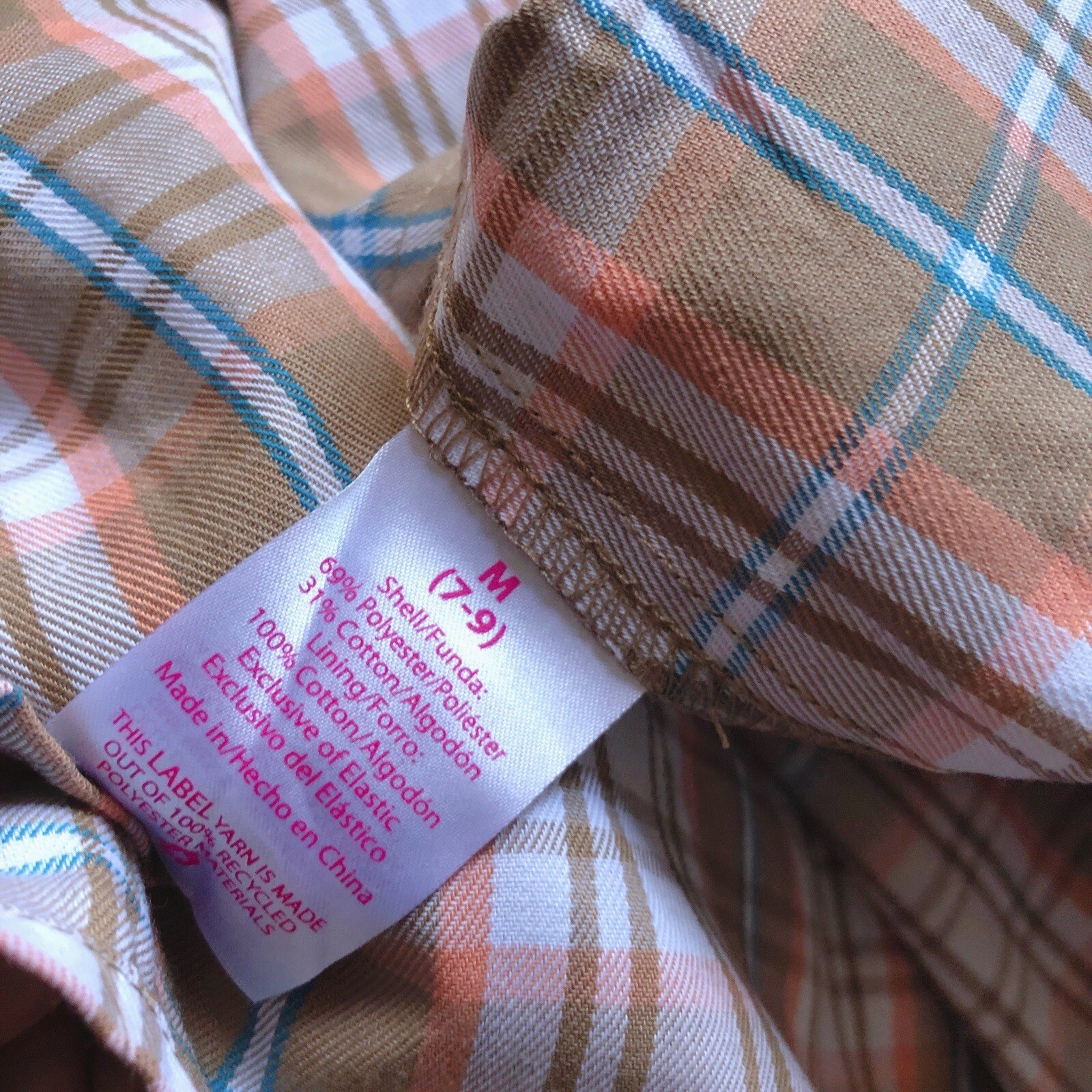 No Boundaries Tan White Orange Blue Plaid Mini Sleeveless Pinafore Dress Size M