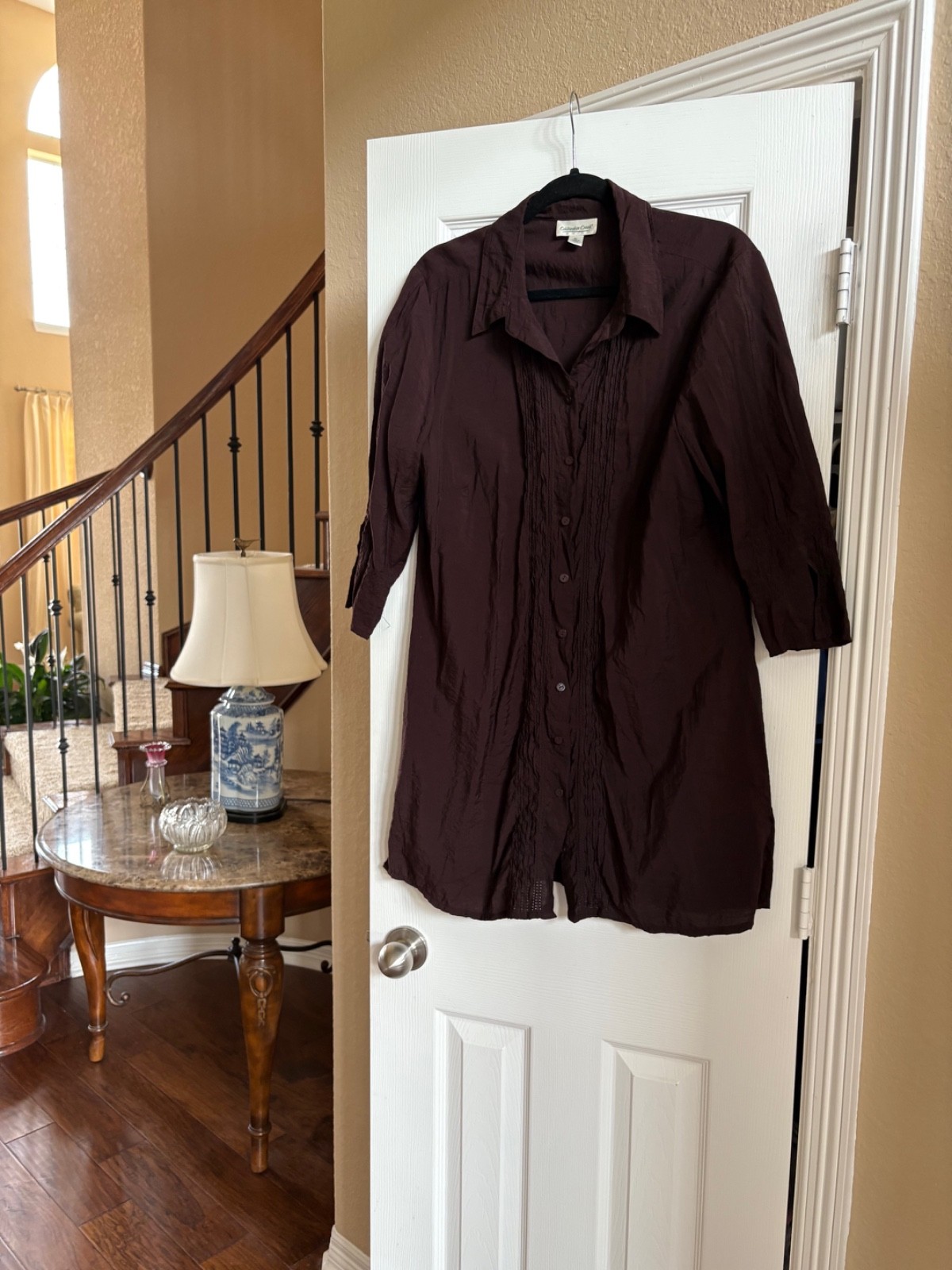 Coldwater Creek Women’s Brown 3/4 Sleeve Pin-tuck Shirt Dress XL Detail Cuffs