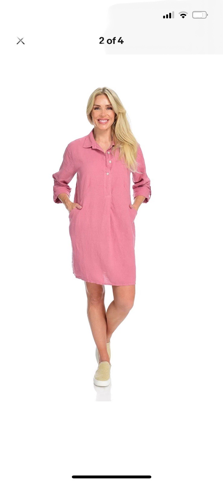 OSO Casuals Italian Linen 3/4 Sleeve Button Front Pink Shirt Dress NWT Large