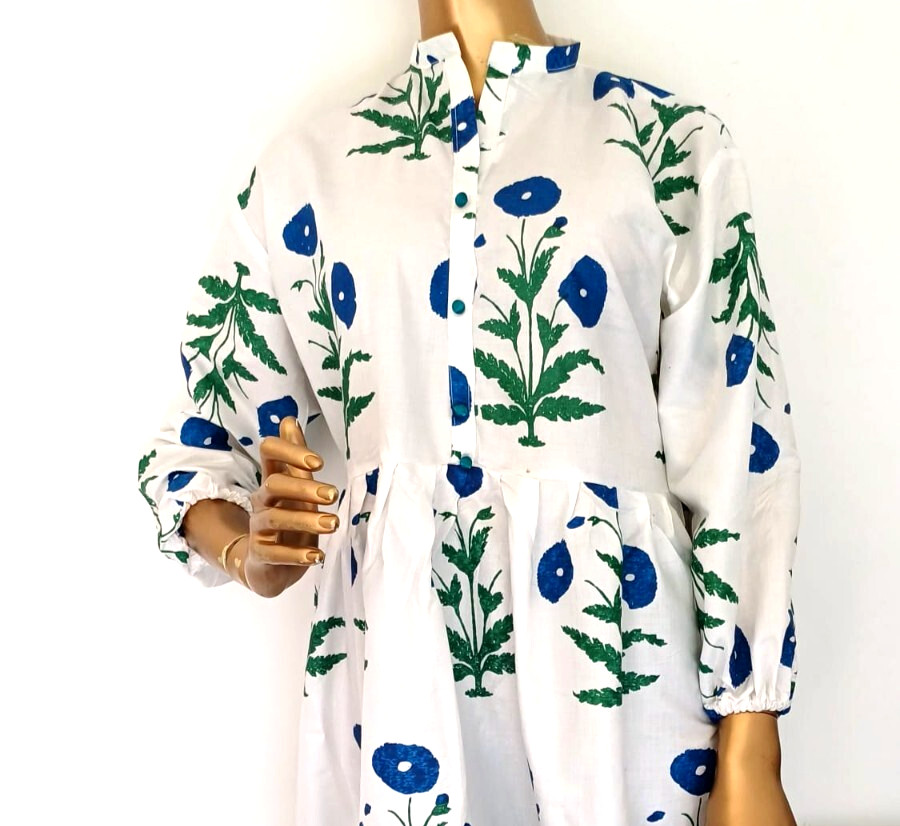 Indian Hand made Block Print Organic Cotton Floral Dress for Women All Seasons