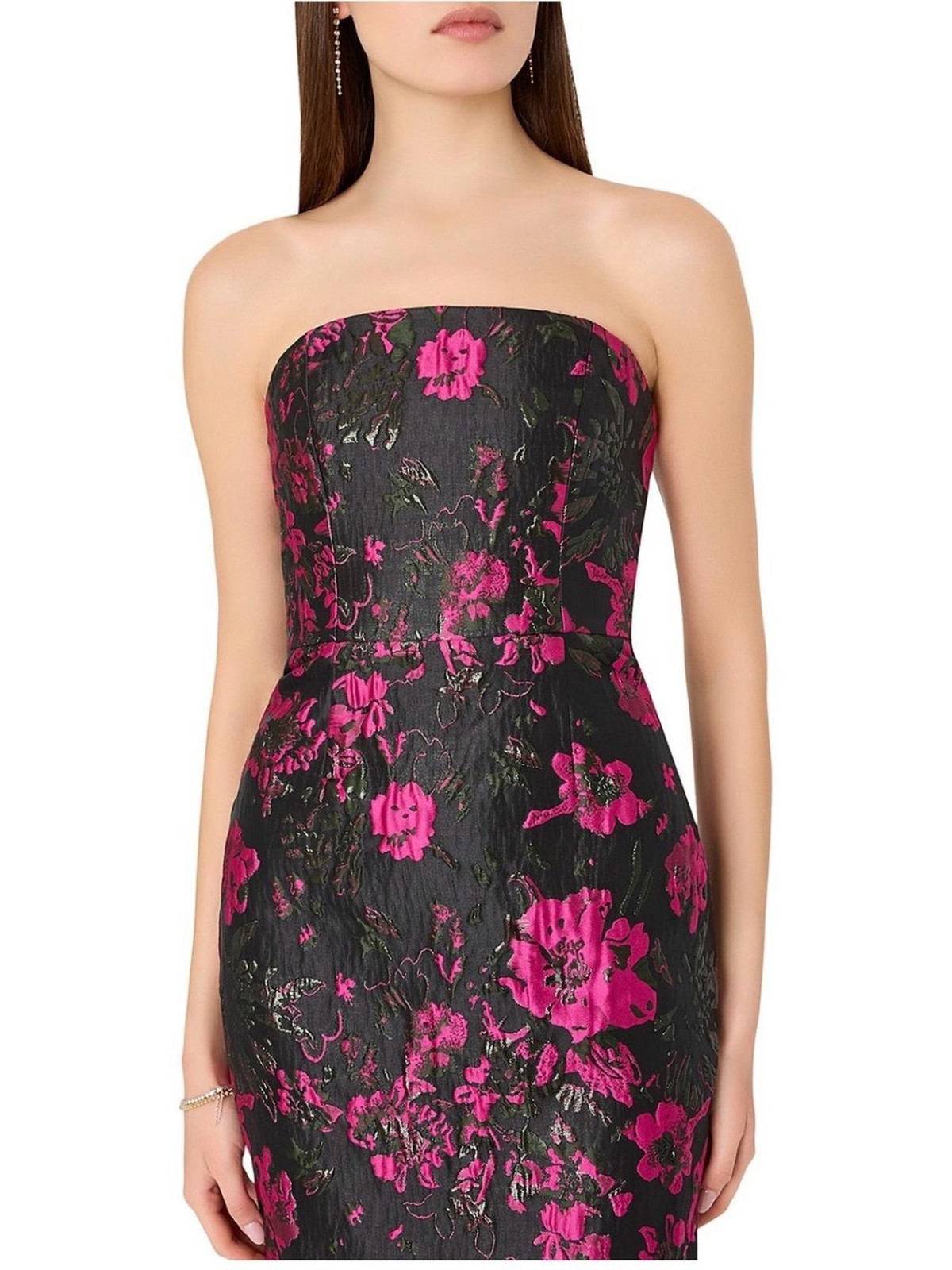 MILLY Orion Column Dress Pink Black Floral Strapless Midi Gown Size 10