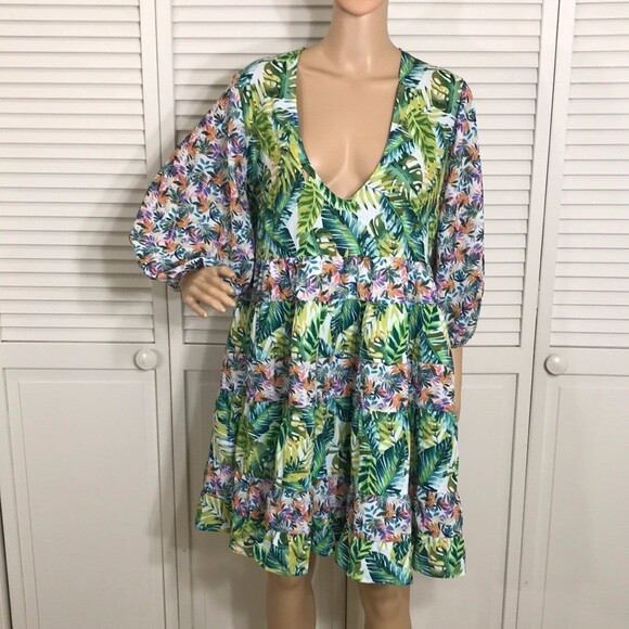 All Things Mochi Liona Mini 3/4 Sleeves Dress Tropical Multicolor Floral Large