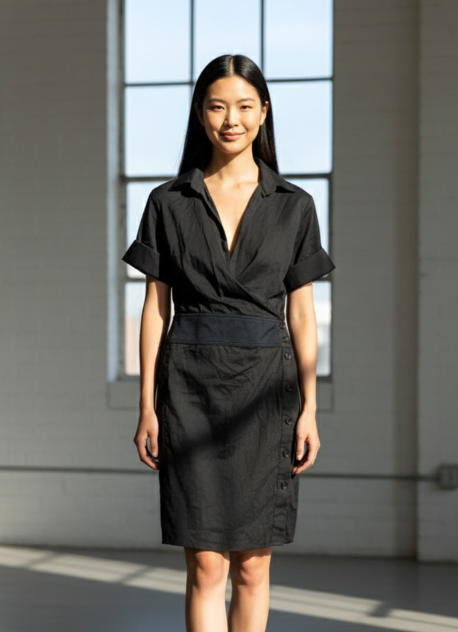 Helmut Lang Mini Wrap Dress Womens Small Black Cotton Side Button Cuffed Sleeve