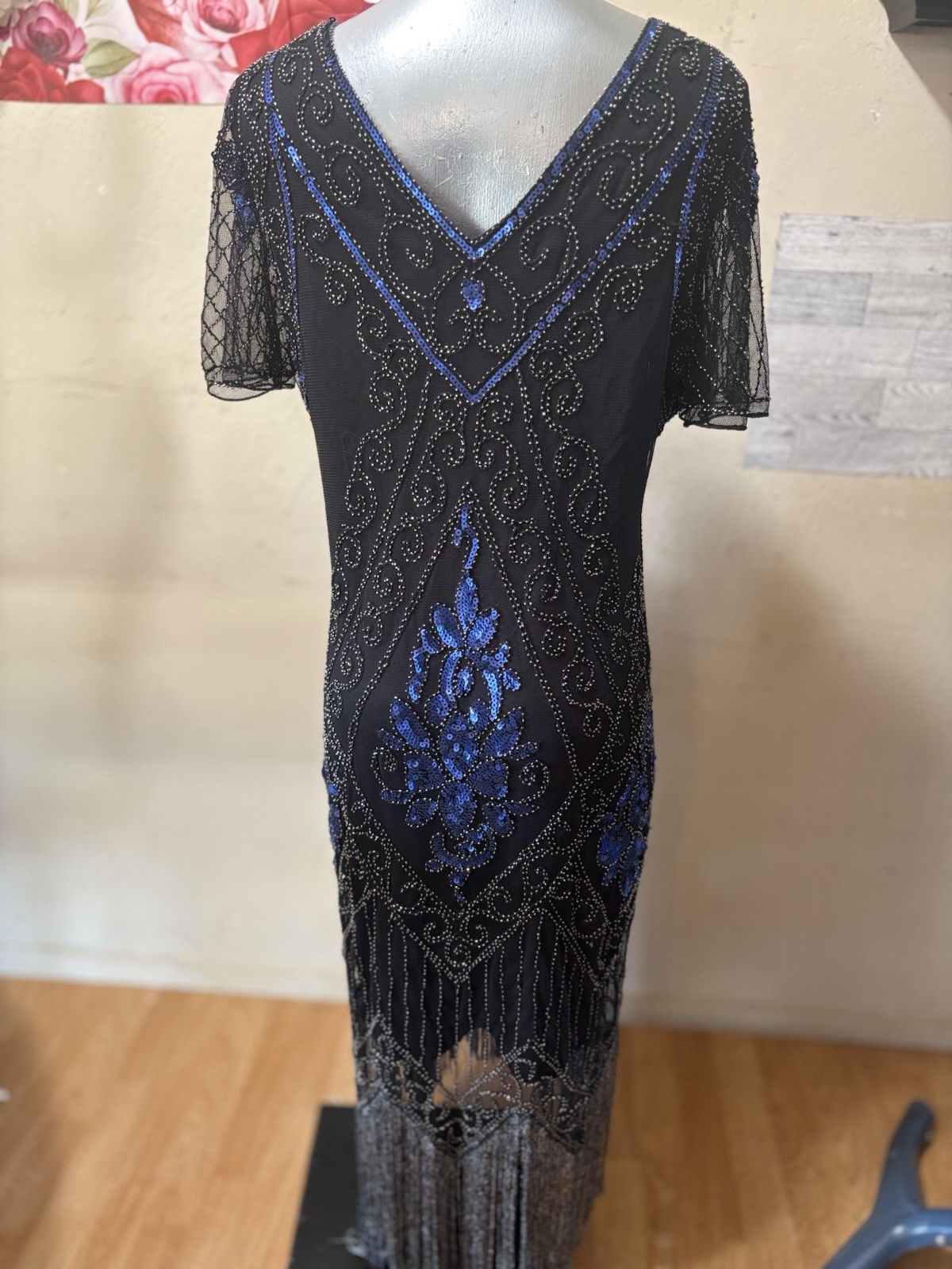 PrettyGuide Black Blue Beaded Sequin Mesh Fringe Long V-Neck Sheath Dress L