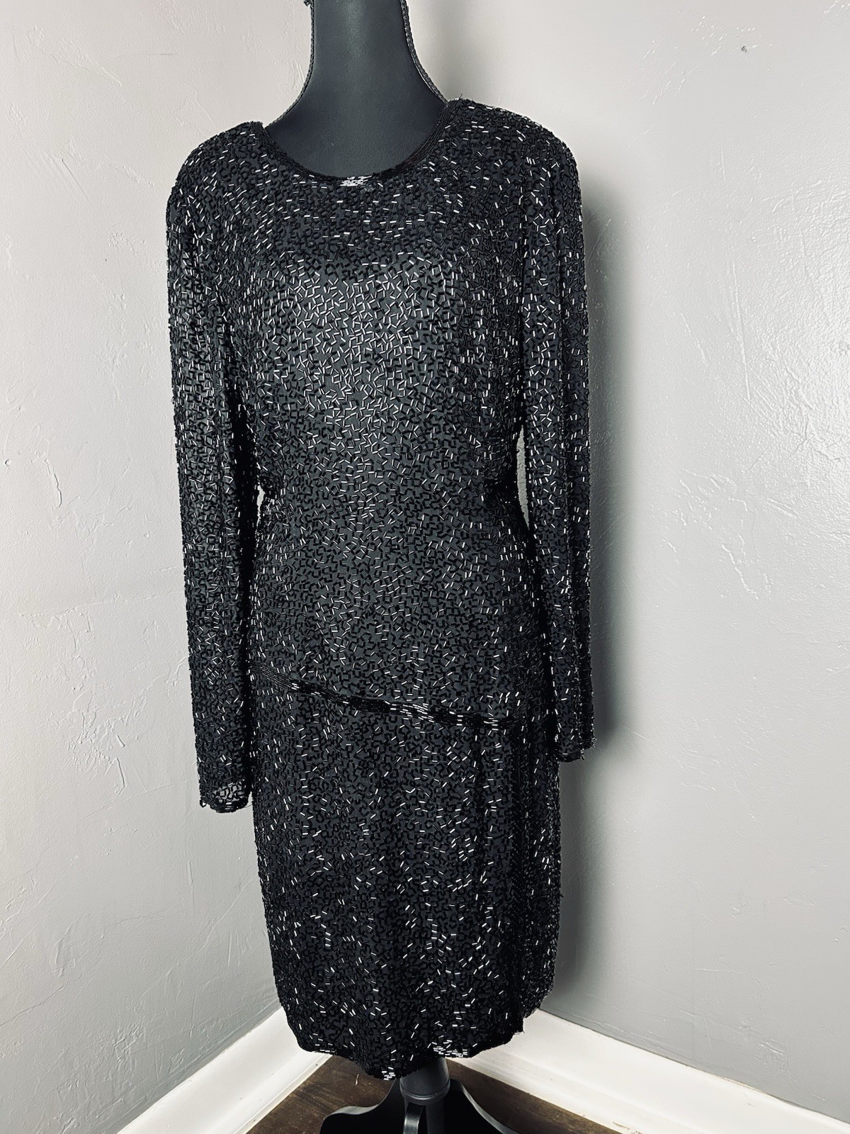 Blacktie Oleg Cassini Black Beaded Dress 100% Silk Size 10. Holiday party event