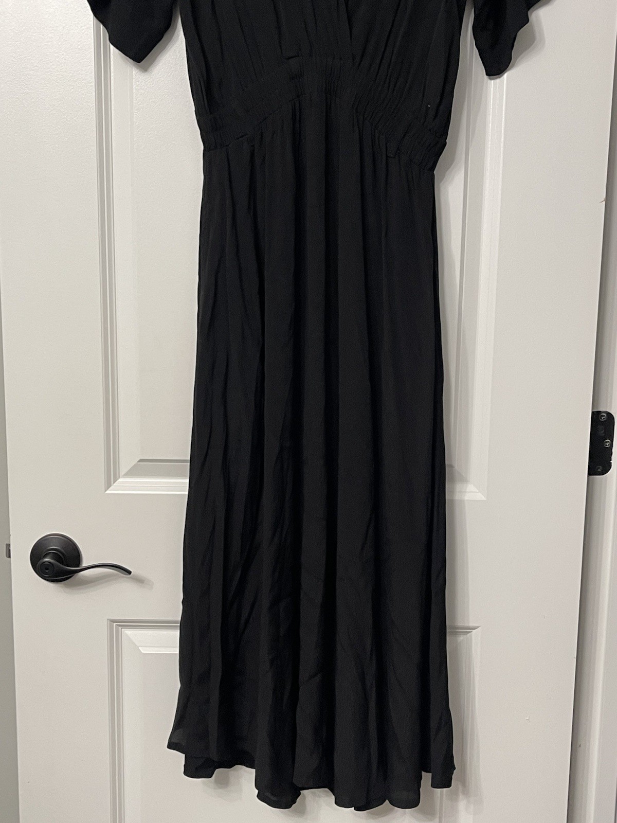 AURA Black Midi Dress Short Sleeve Collared Lace Accents Belted Career Casual M