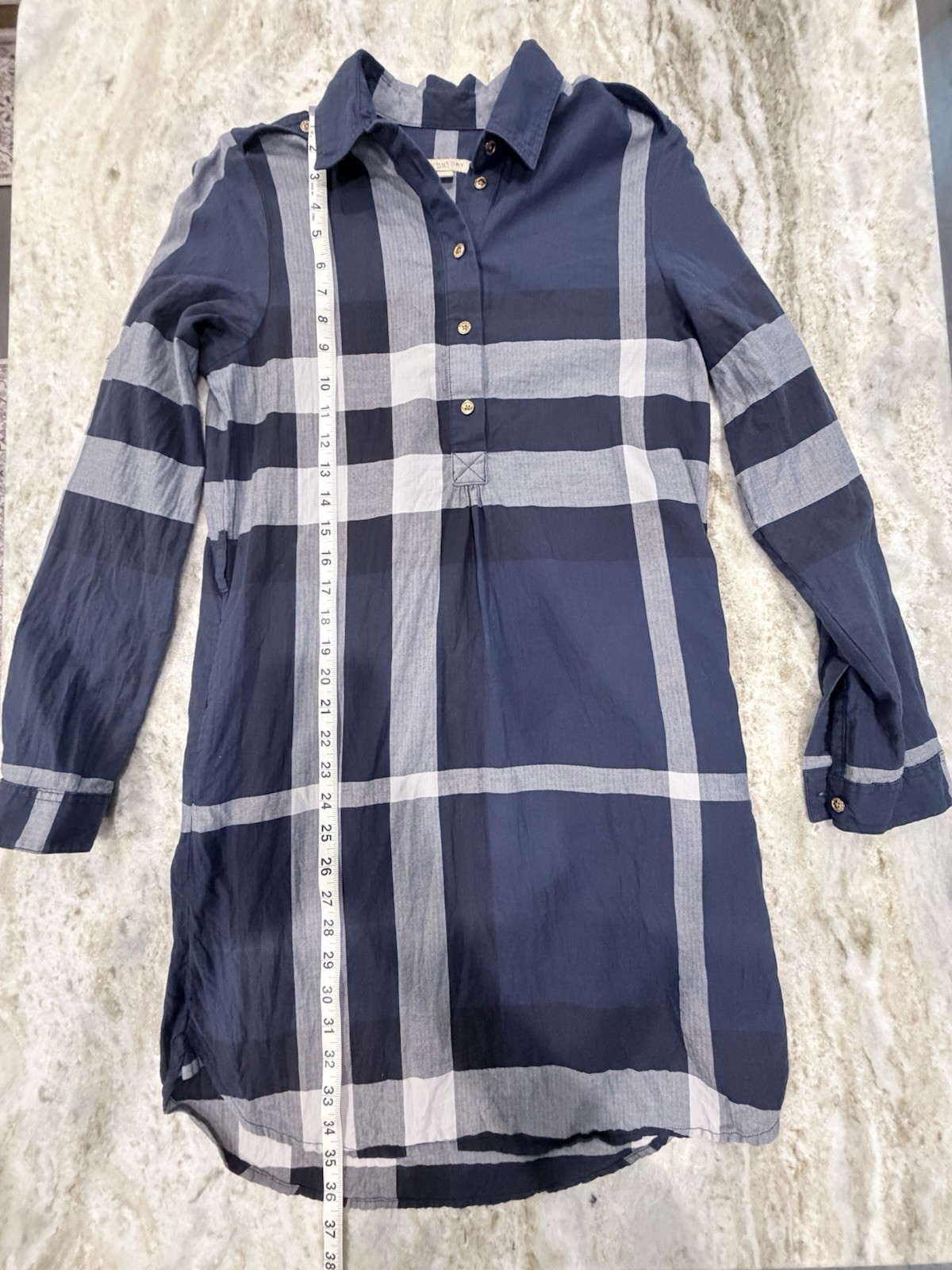 BURBERRY BRIT DESIGNER BLUE/WHITE/GRAY MULTI NOVA COTTON Long Sleeve Shirt Dress