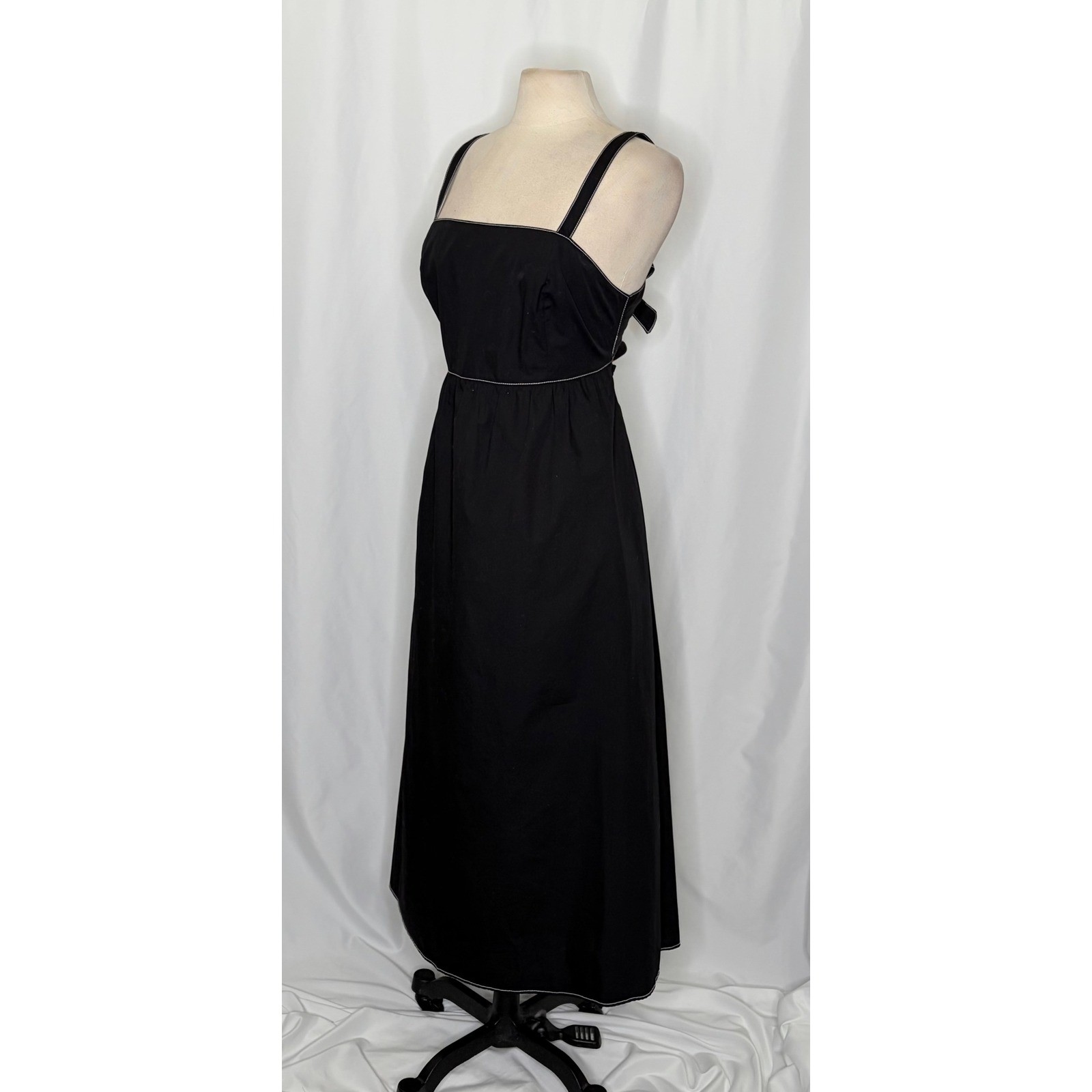 ZARA Luiza Black Midi Dress Tie Back Contrast Stitching Pockets Poplin X-Large