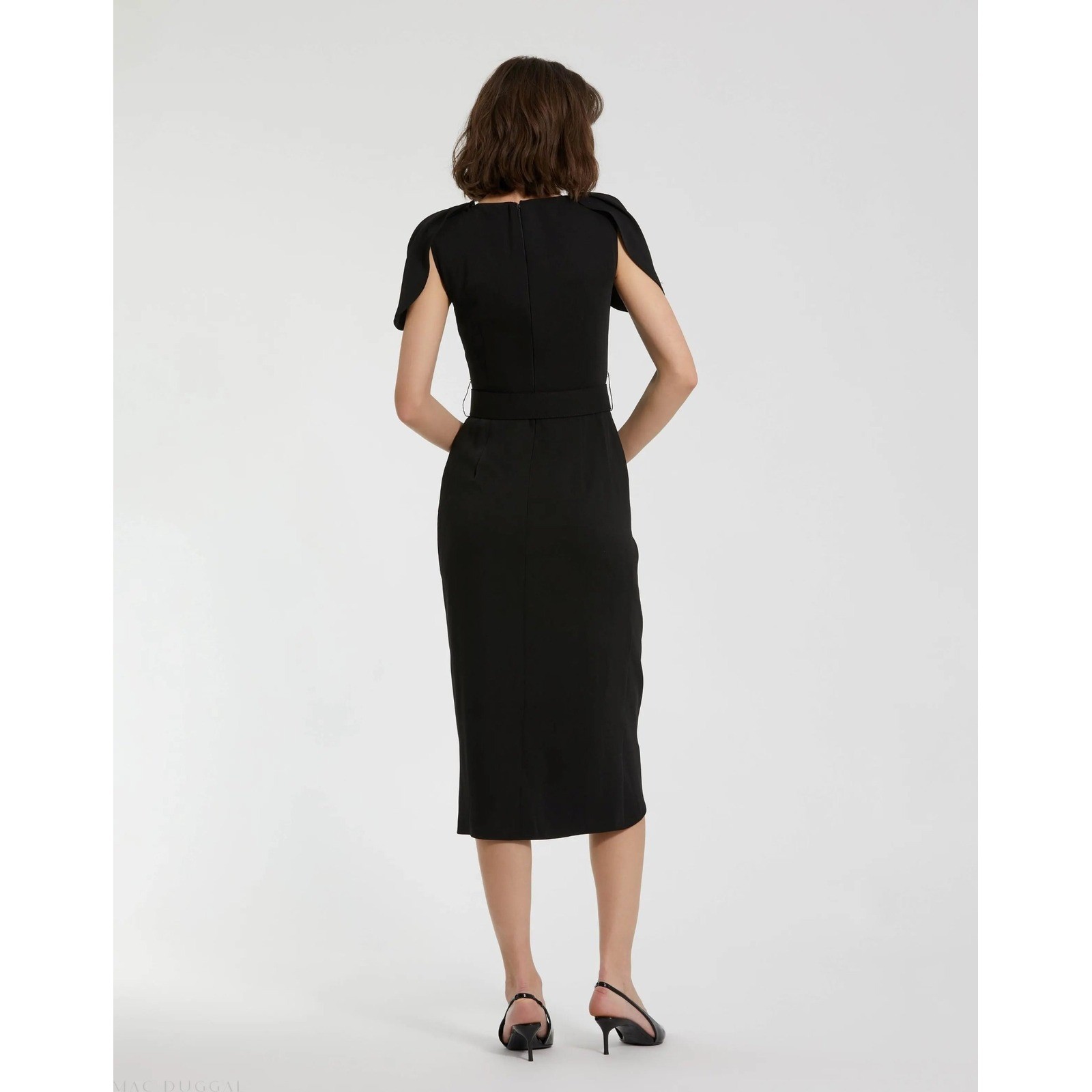Mac Duggal Black Cap Sleeve Midi Dress Evening Formal Size 10 *BELT NOT INCLUDED