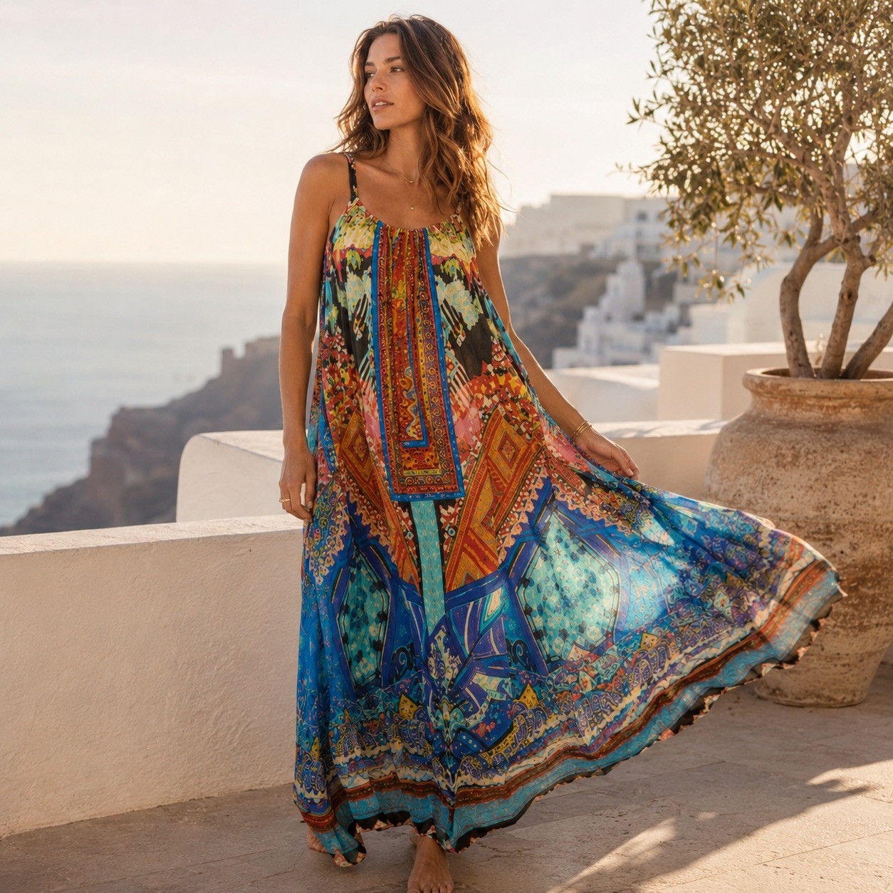 Camilla Multicoloured Silk Maxi Dress Size OS Boho Resort Drawstring Neckline